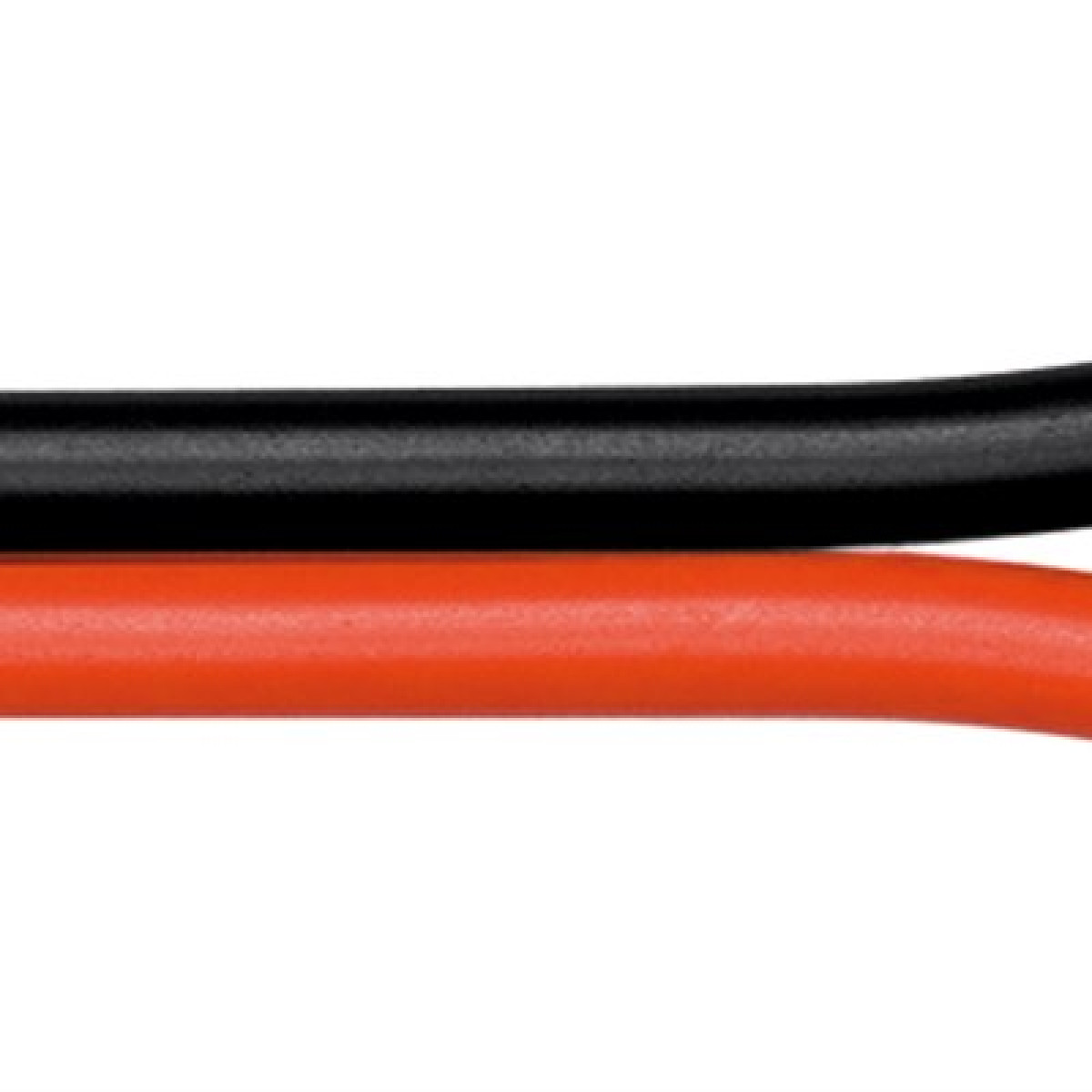 Zbliżenie pokazuje czarny i pomarańczowy kabel, lekko zakrzywione, na białym tle. Kable są gładkie i równoległe.