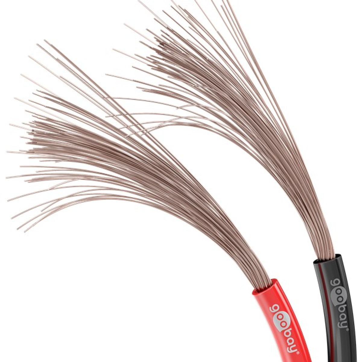 Dwa przewody elektryczne z odsłoniętymi miedzianymi pasmami. Jeden przewód jest czerwony z białym logo, drugi czarny z białym logo.