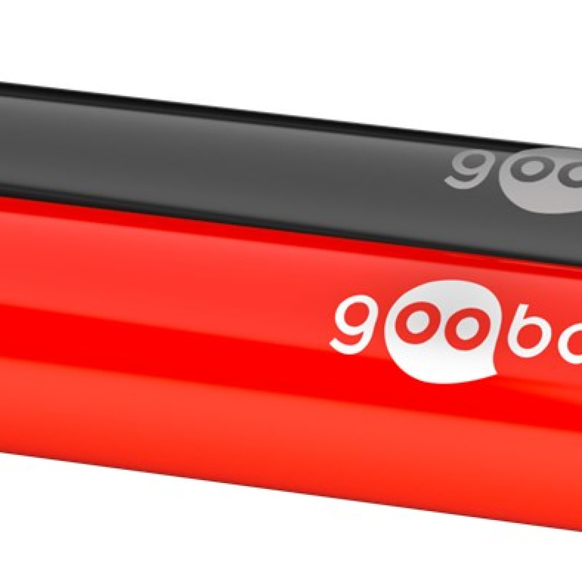 Czerwono-czarny obiekt z białym słowem "gooba". Obiekt ma zakrzywiony kształt i błyszczące wykończenie.