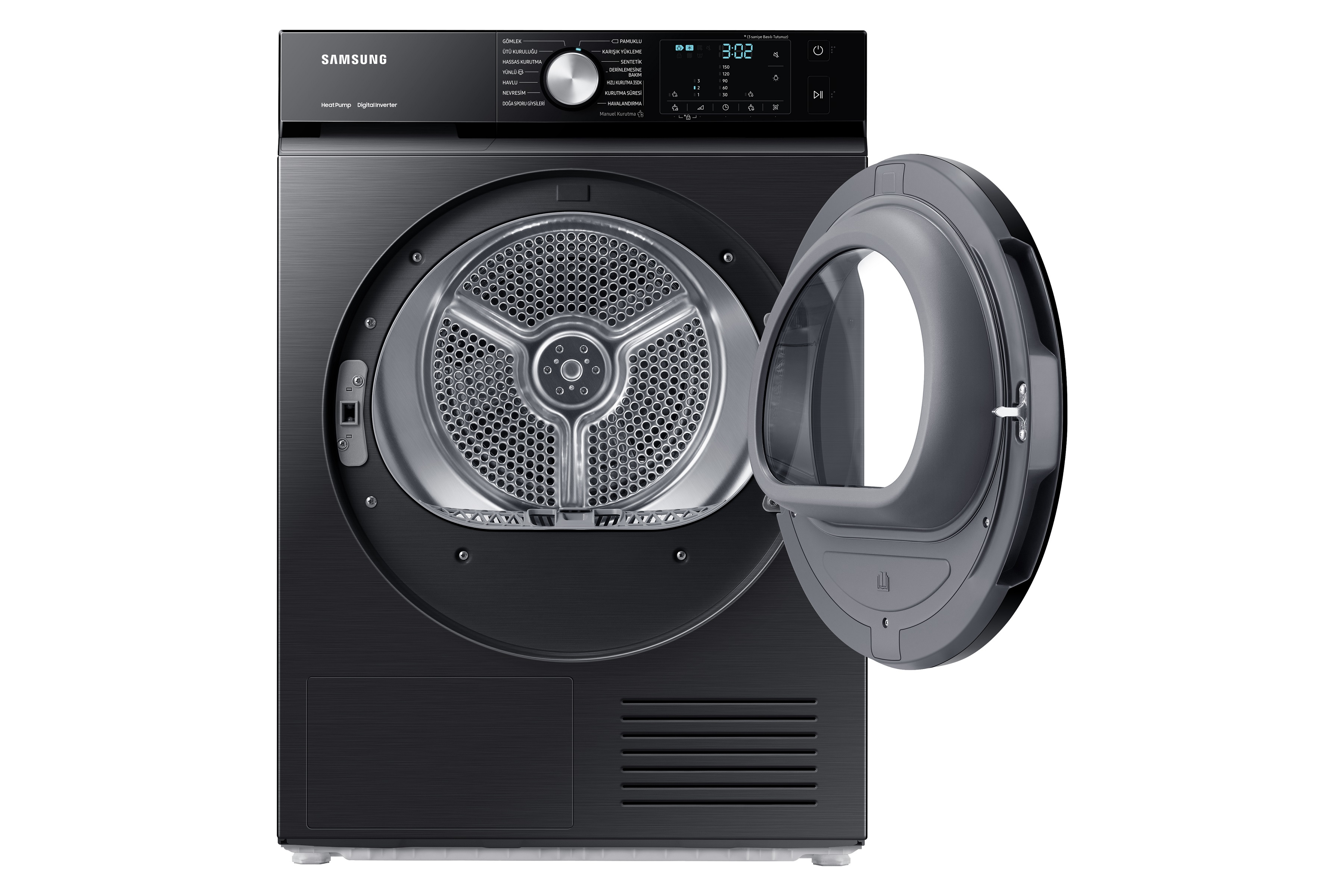 Siyah Samsung kurutma makinesi, açık kapı, tambur görünüyor. Kontrol paneli ve ayarlar üstte.