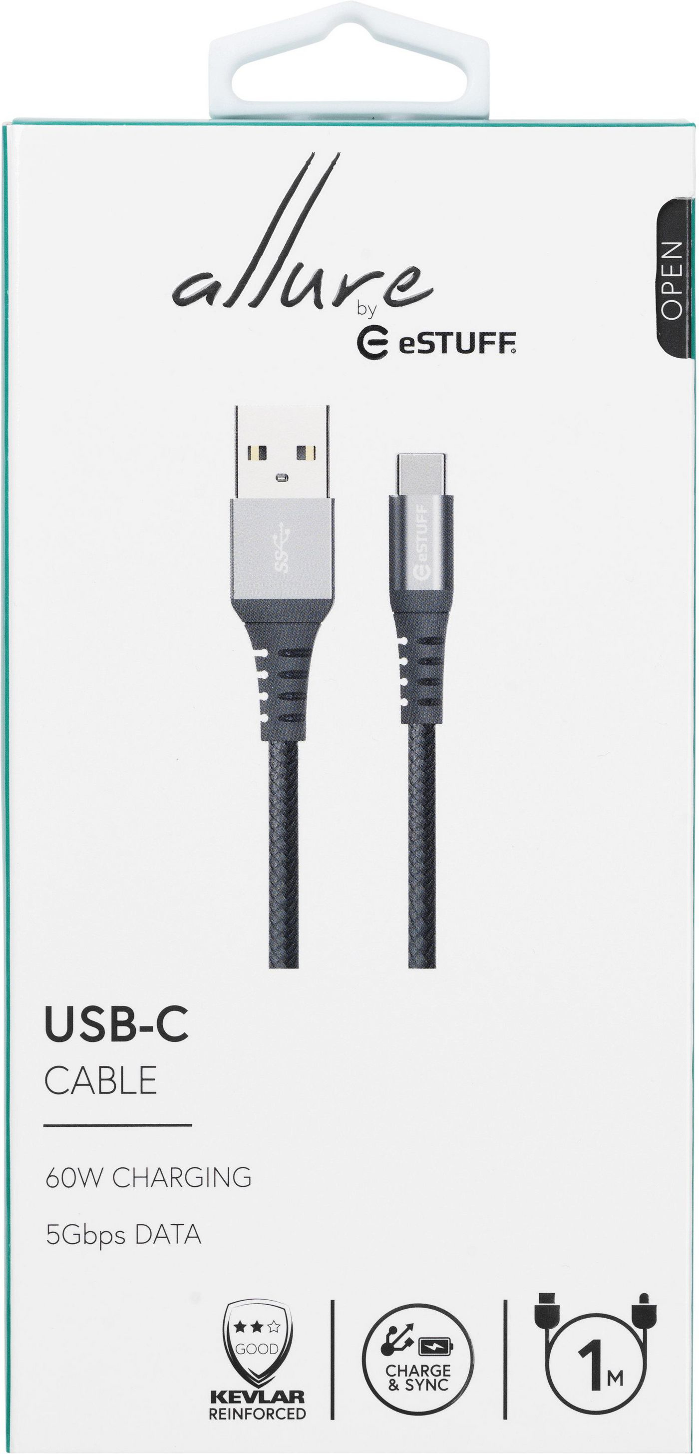 Un pacchetto di cavo USB-C. La parte anteriore mostra il cavo con il marchio 'allure' e le sue specifiche. È lungo 1 metro.