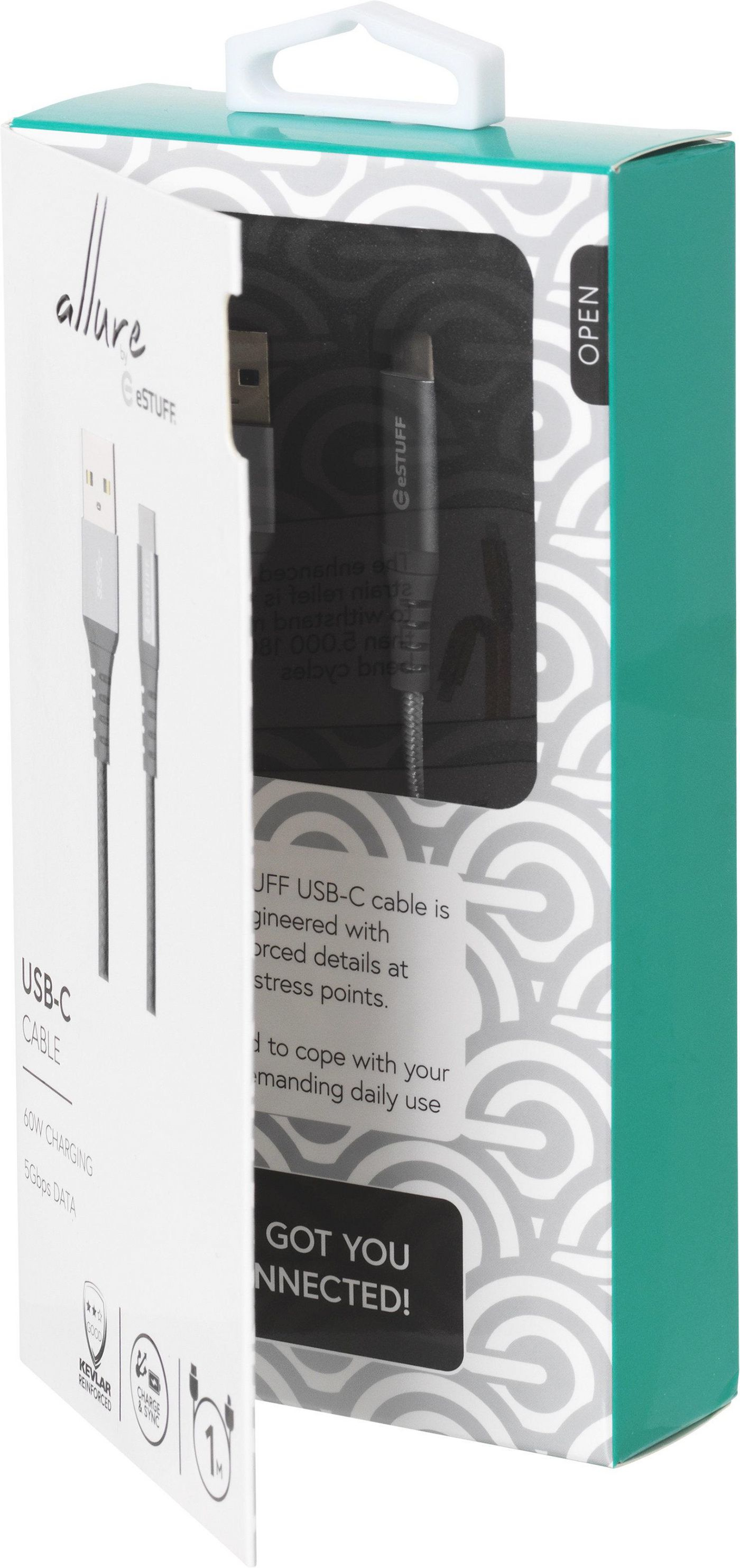 Una scatola per cavo USB-C. La scatola è bianca e verde acqua. Il cavo è visibile attraverso una finestra. Testo: Ti abbiamo connesso!