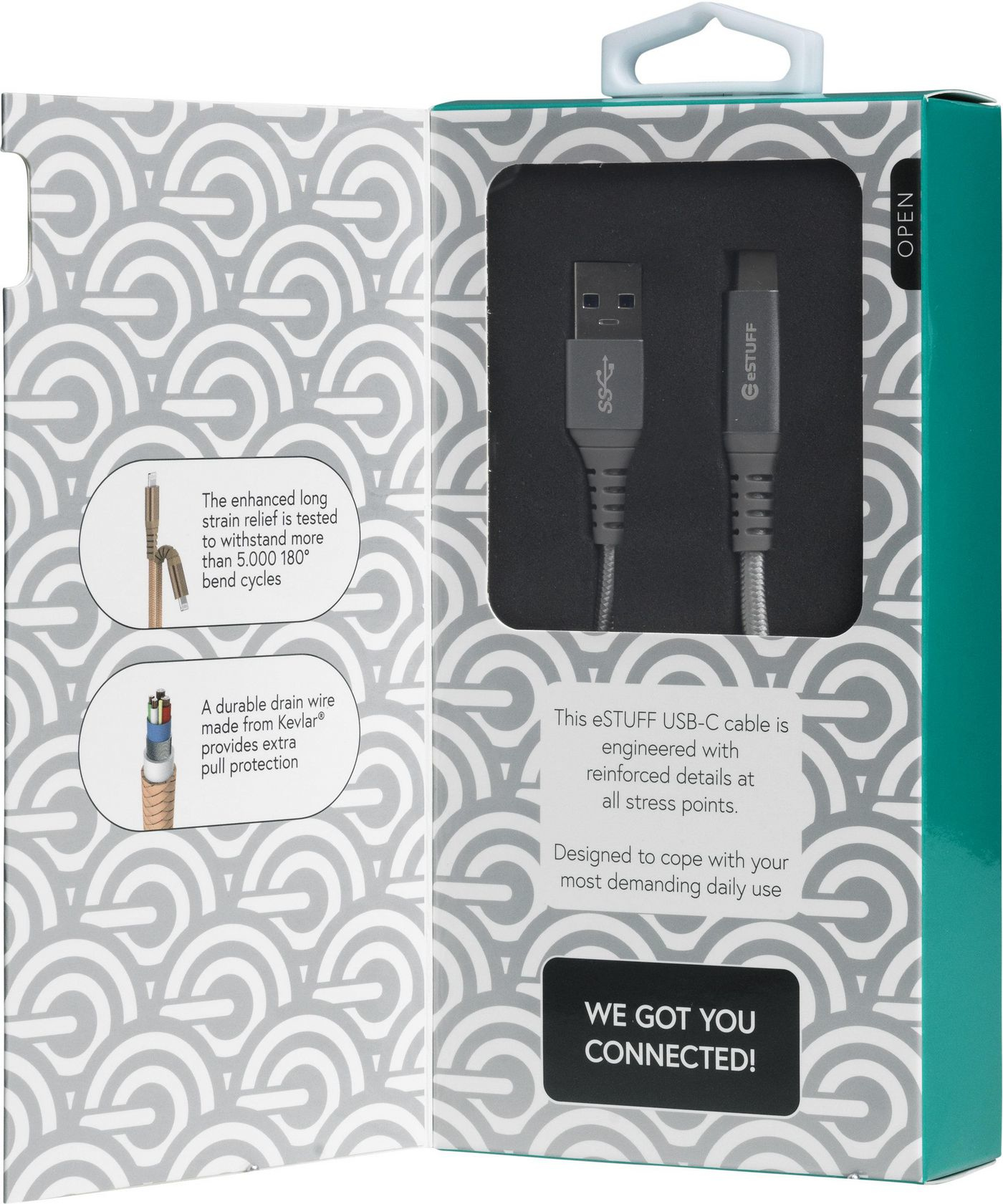 Scatola per cavo eSTUFF USB-C. Cavo all'interno. Vengono visualizzate le caratteristiche del cavo. Sfondo grigio e bianco.