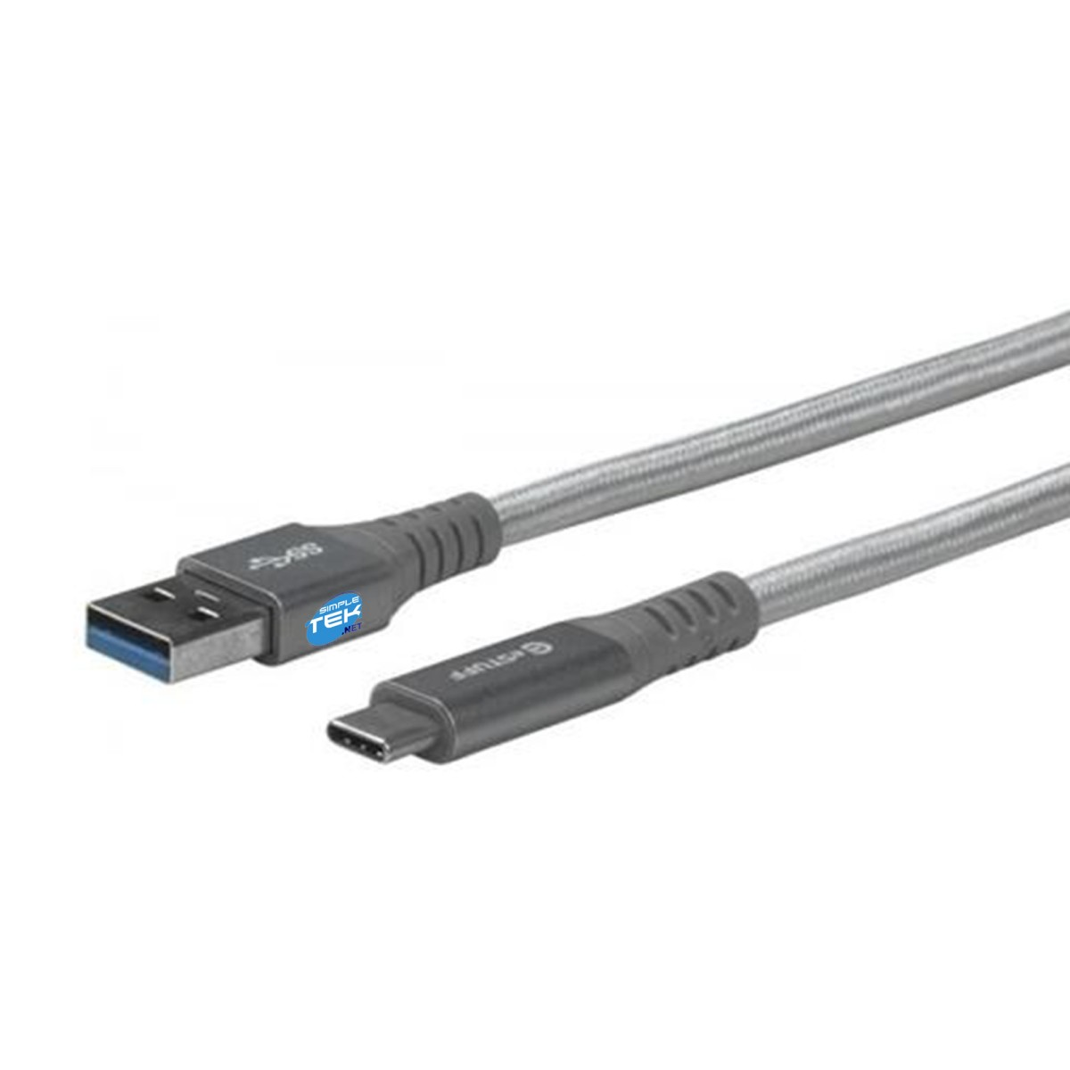 Un cavo USB grigio con connettore USB-A e connettore USB-C, su sfondo bianco.