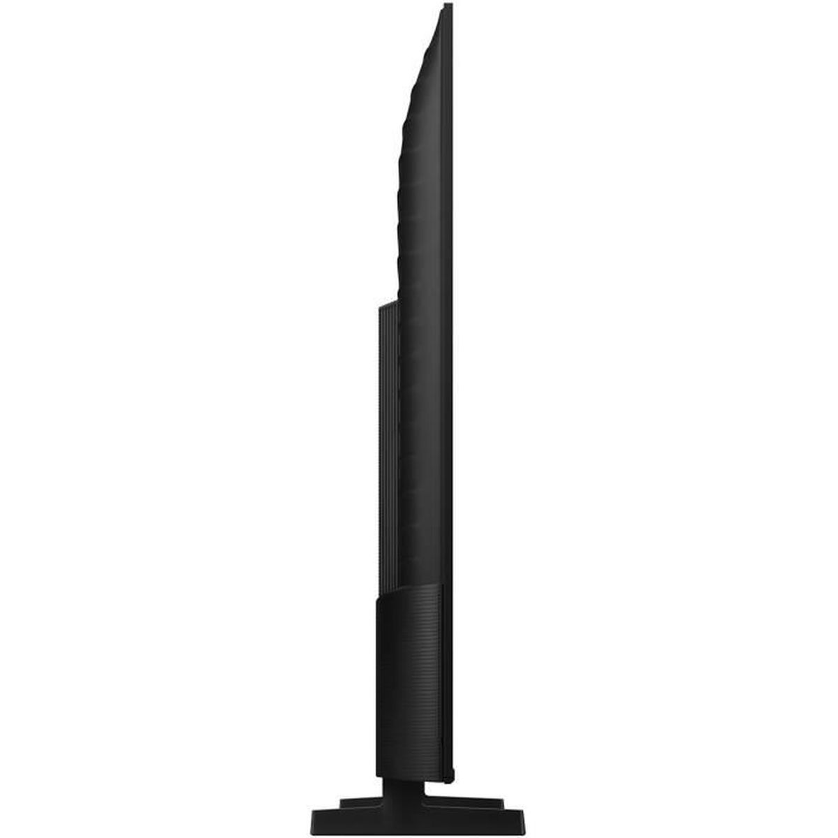 Un televisor de pantalla plana negro desde la vista lateral. Se apoya en una base plana. La pantalla es delgada.