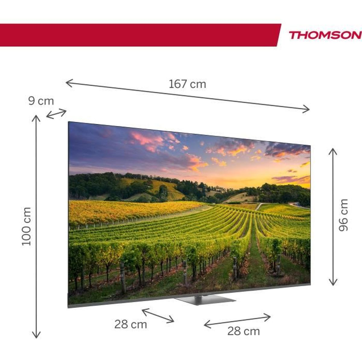 Un televisore Thomson mostra una scena di vigneto. Dimensioni: 167 cm larghezza, 100 cm altezza, 9 cm profondità. Base 28 cm larghezza. Schermo 96 cm altezza.