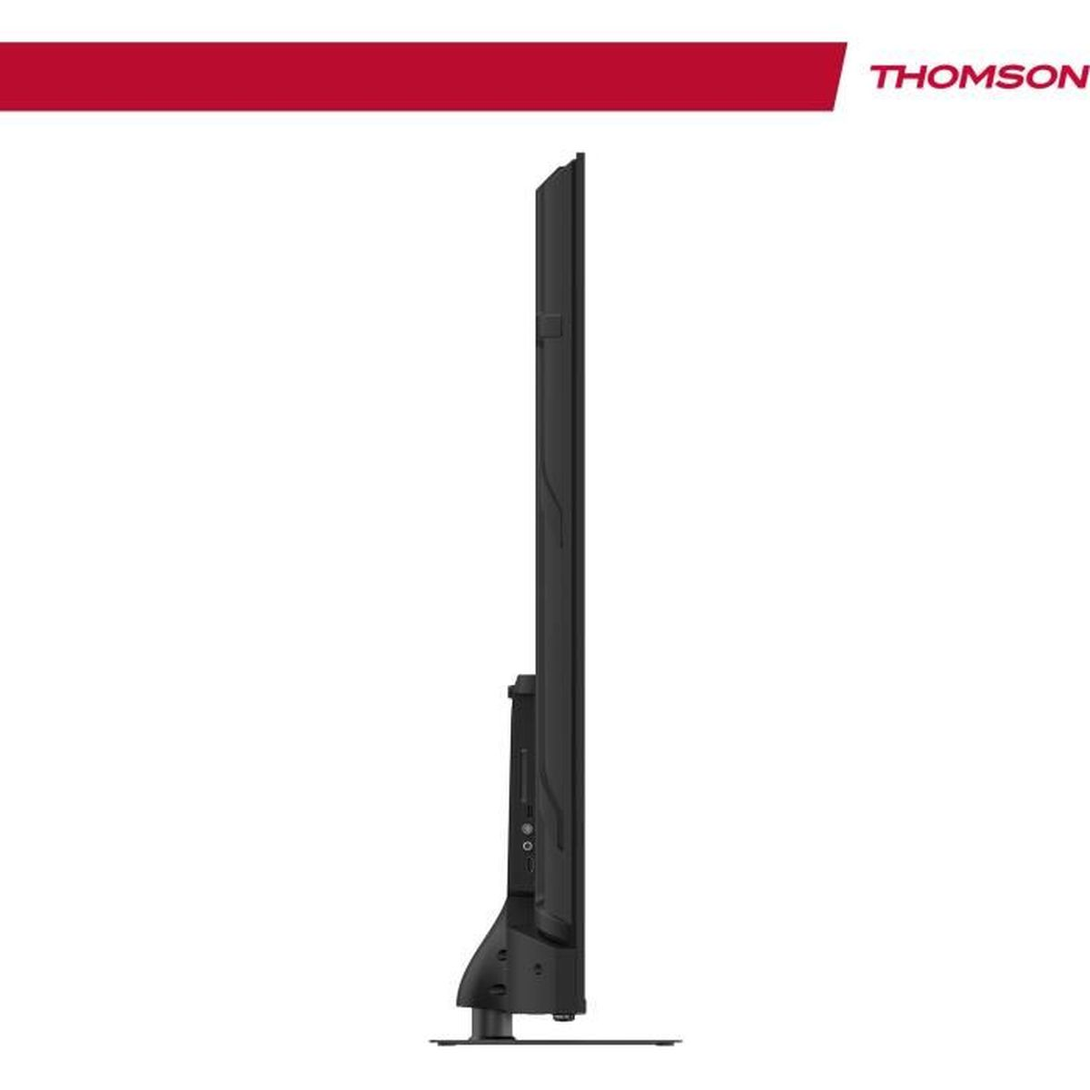 Un televisore Thomson nero è visto di lato. È su sfondo bianco. Un banner rosso è nella parte superiore dell'immagine.