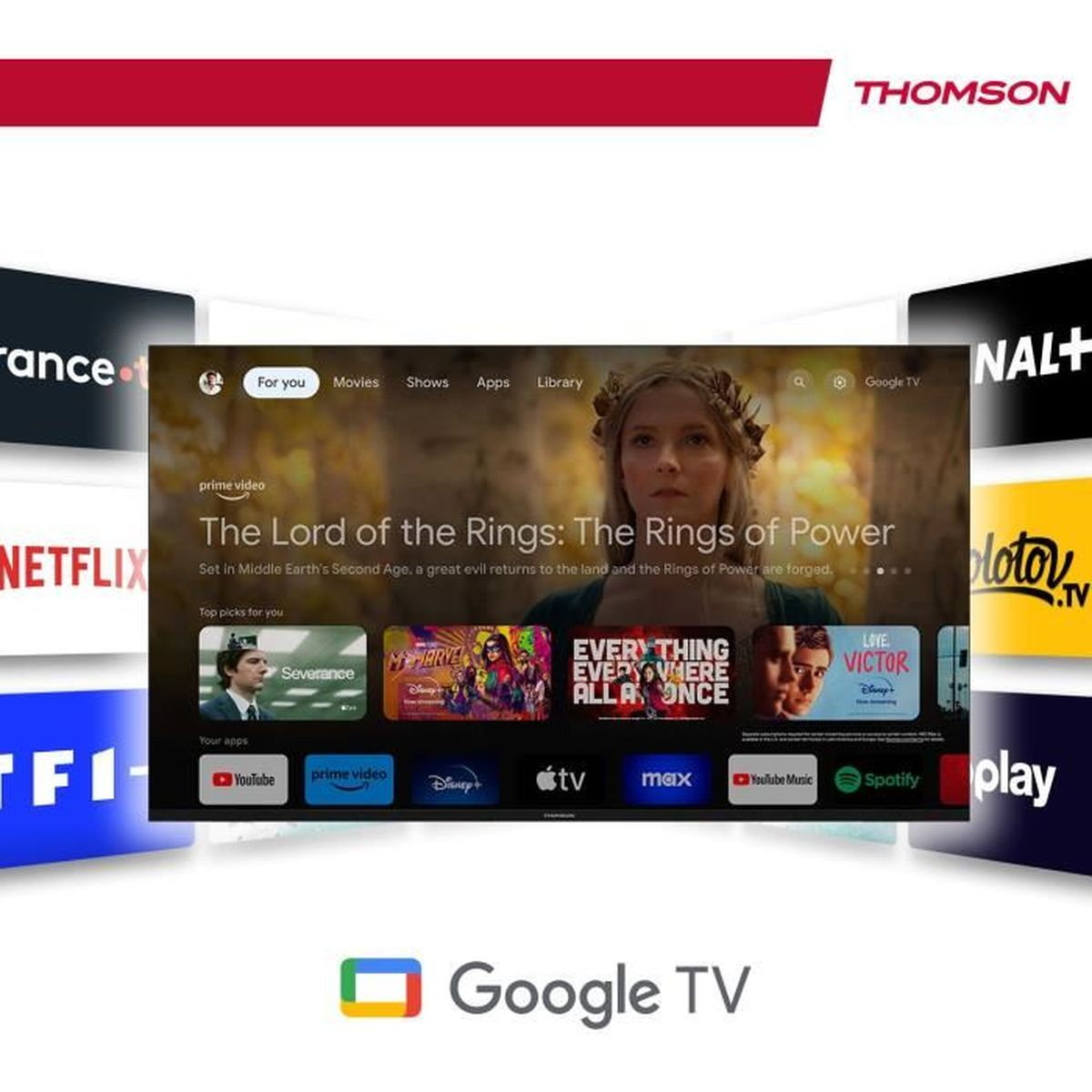 Uno schermo TV mostra una pubblicità di film. Sono visibili app come Netflix, YouTube e Spotify. Il logo di Google TV è presente.