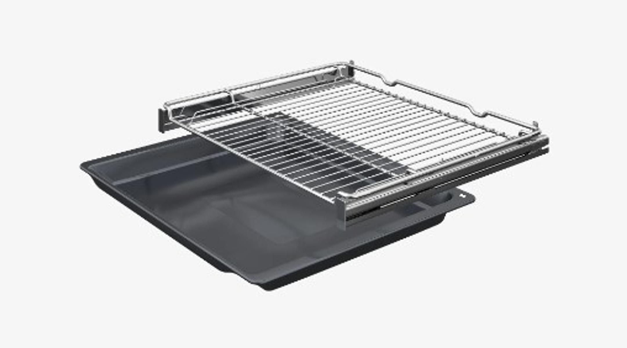 Ruszt piekarnika nad ciemnoszarą blachą do pieczenia. Oba na białym tle. Ruszt jest metalowy.