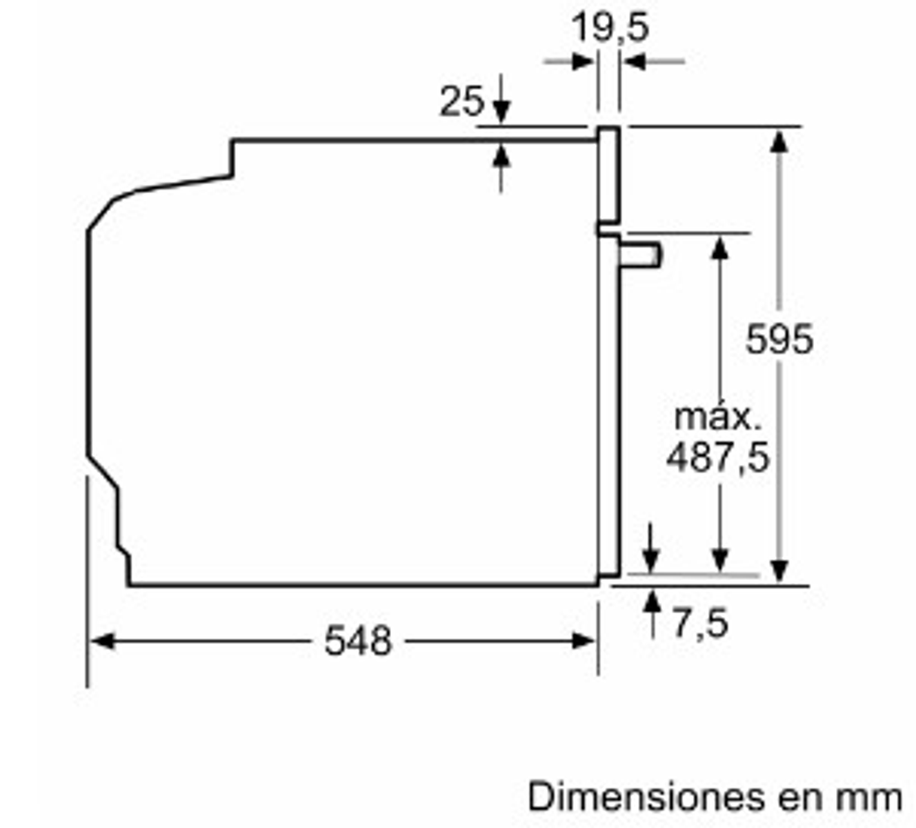 Rysunek techniczny urządzenia z wymiarami w milimetrach. Pokazuje długości: 548, 595, 487.5. Szerokości: 19.5, 7.5, 25.