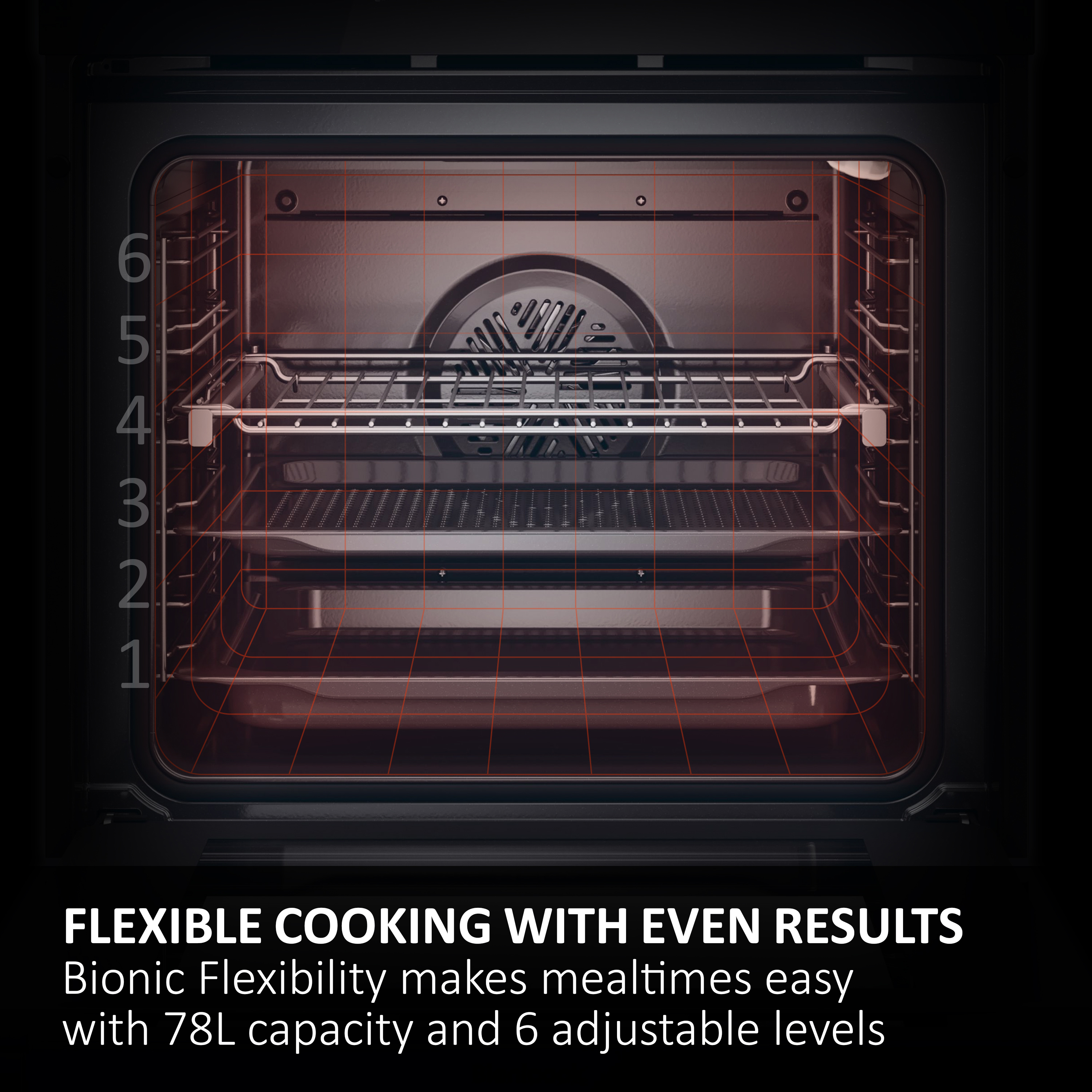 In een zwarte oven zijn roosters en een ventilator zichtbaar. De oven heeft zes niveaus. De tekst luidt 'Flexibel koken'.