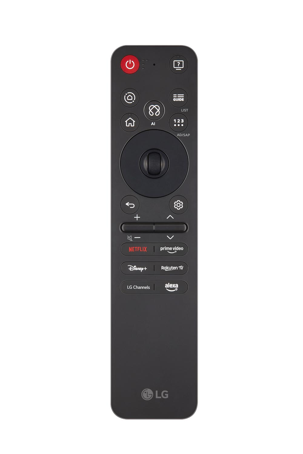 Czarny pilot do telewizora LG z przyciskami zasilania, Netflix i innych usług streamingowych. Posiada okrągłe sterowanie nawigacją.
