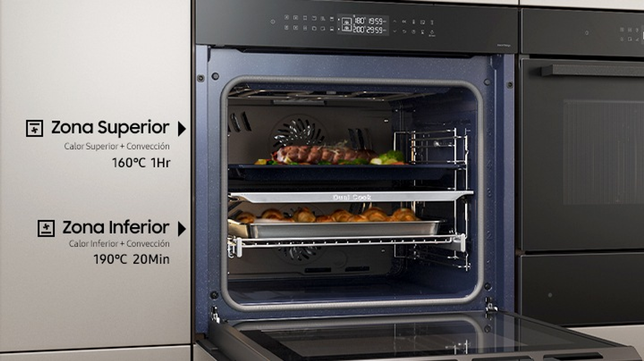 Horno abierto con comida en dos rejillas. La superior tiene carne y verduras, la inferior, pasteles. Pantalla digital muestra tiempo y temp.