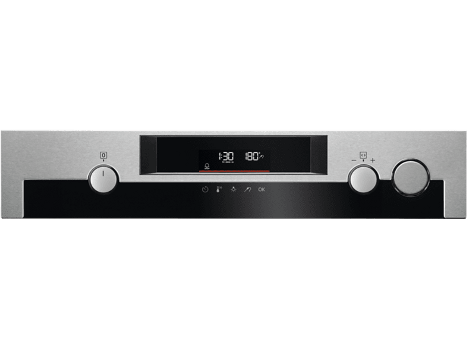 Pannello di controllo del forno con display digitale che mostra ora e temperatura. Sono presenti manopole e pulsanti, insieme a icone.