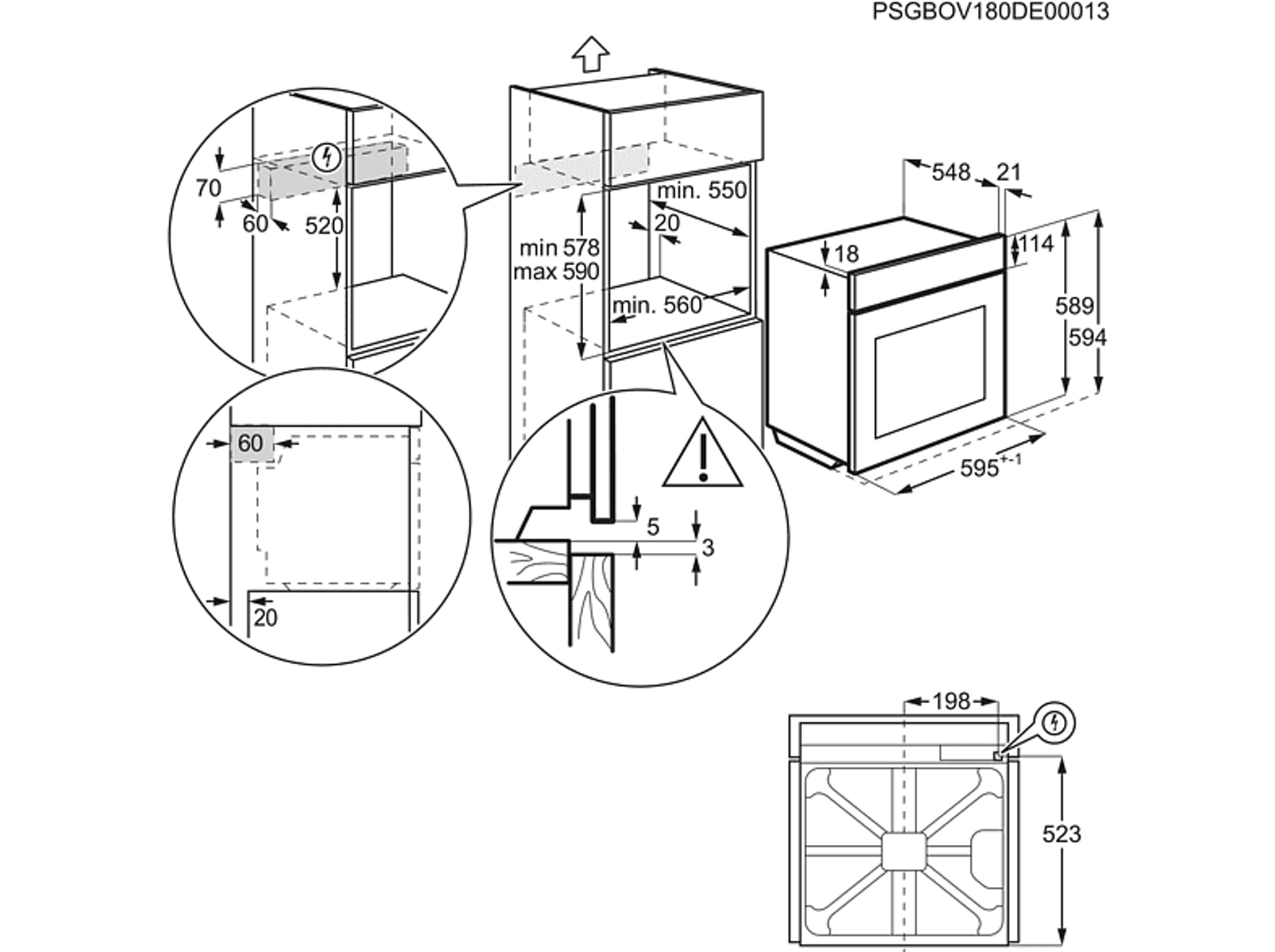 Schema di un forno con dimensioni e dettagli di installazione, inclusi ritagli e misure di ingombro.