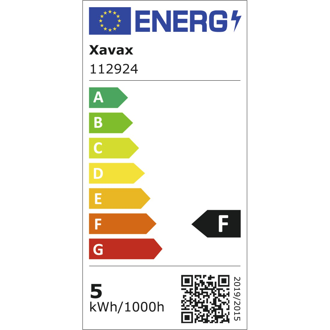 Etykieta energetyczna z ocenami od A do G, pokazująca F. Marka Xavax. Zużycie energii wynosi 5 kWh/1000h. Zawiera kod QR i rok 2019/2015.