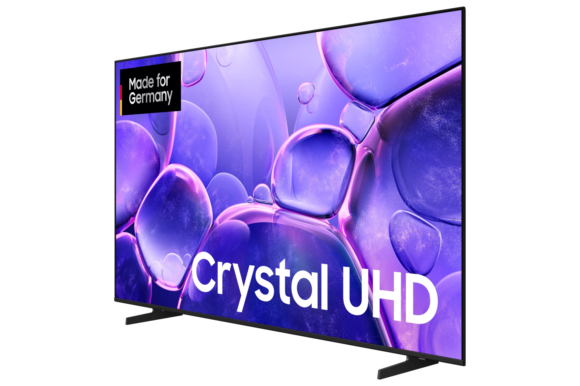 Telewizor Samsung Crystal UHD wyświetla fioletowe tło z bąbelkami. Ma naklejkę 'Made for Germany' i tekst Crystal UHD.