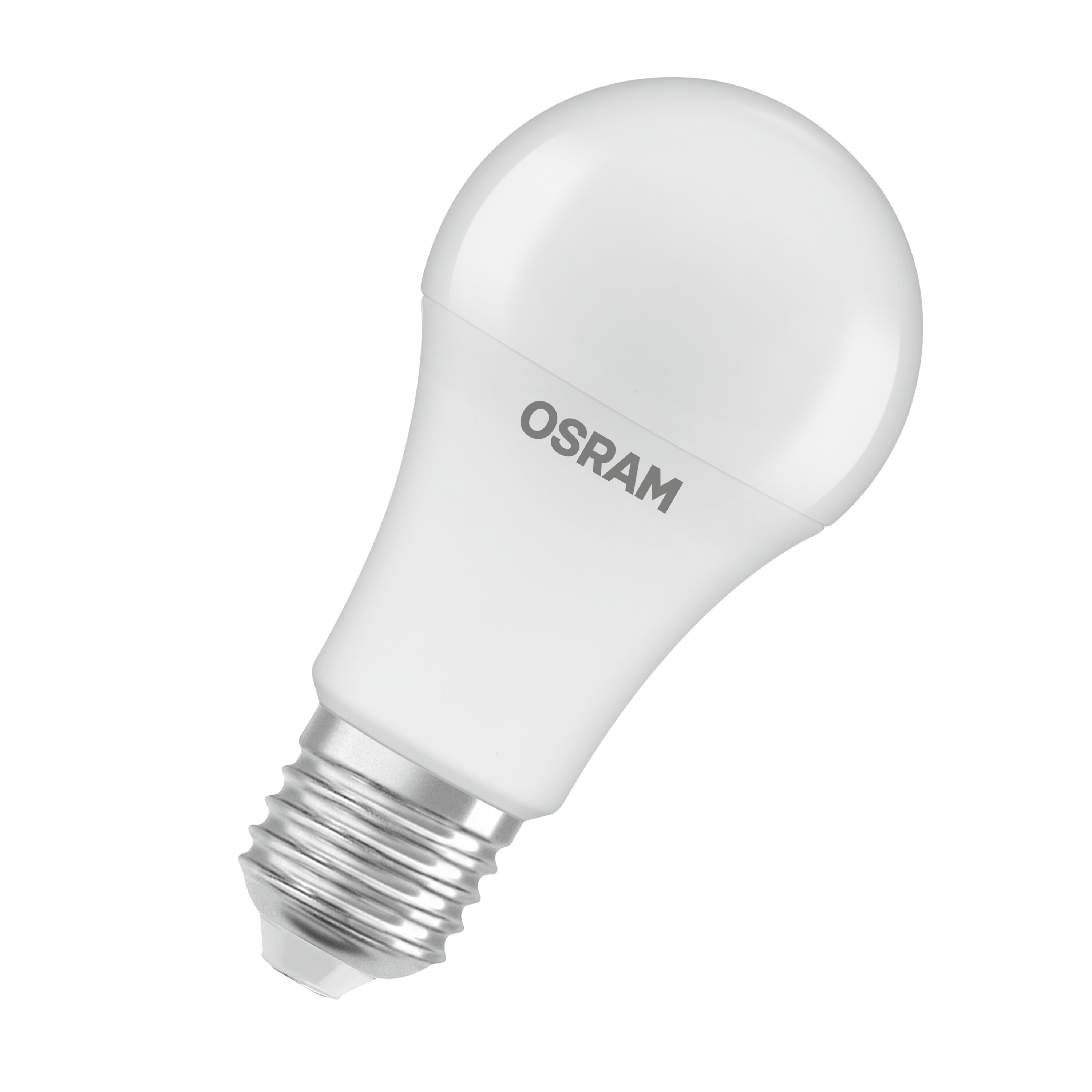 Eine weiße OSRAM LED-Glühbirne vor weißem Hintergrund. Die Birne hat eine abgerundete Oberseite und einen Schraubsockel.