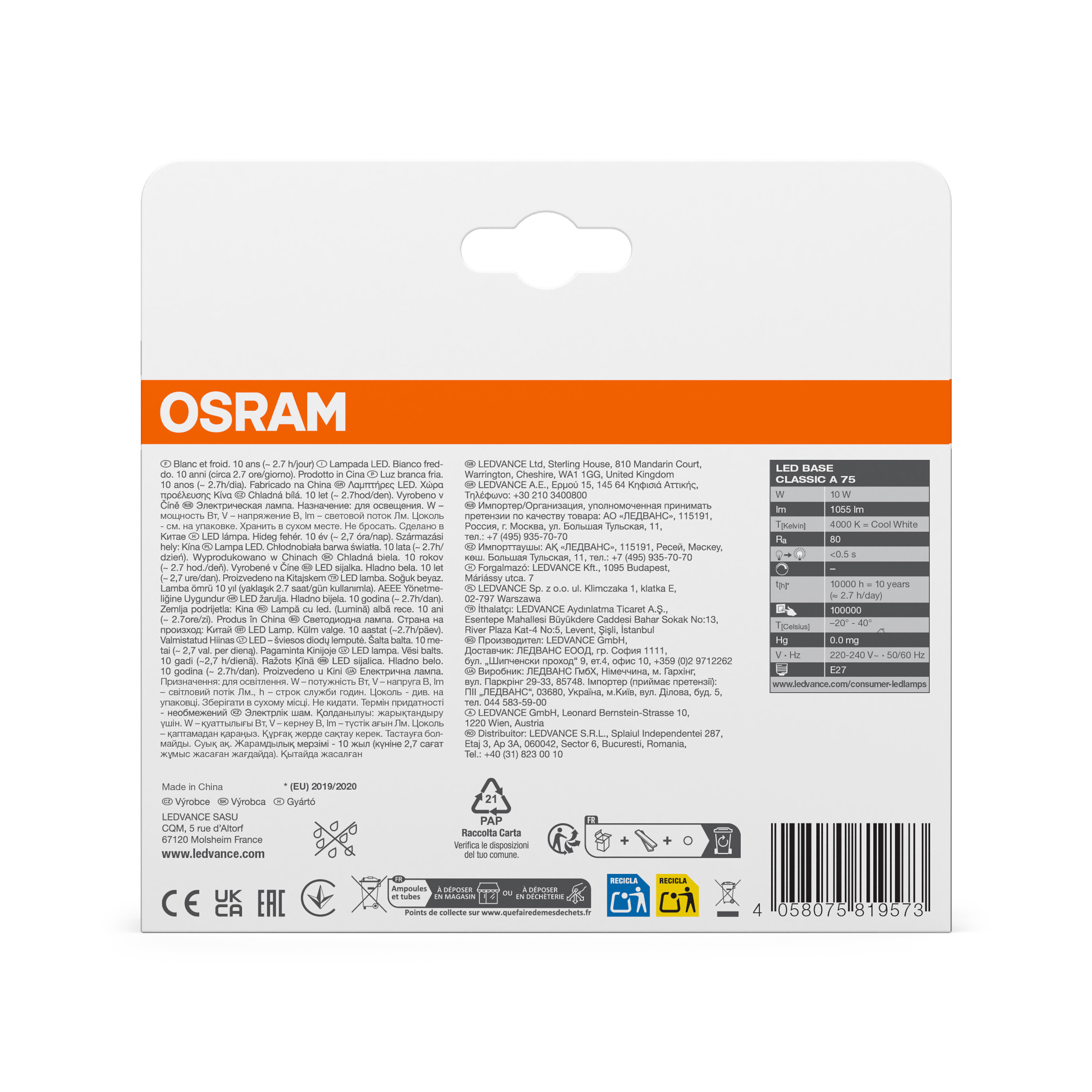 Weiße LED-Lampenverpackung mit Text, Logos und Barcode, mit der Marke OSRAM und Produktdetails.