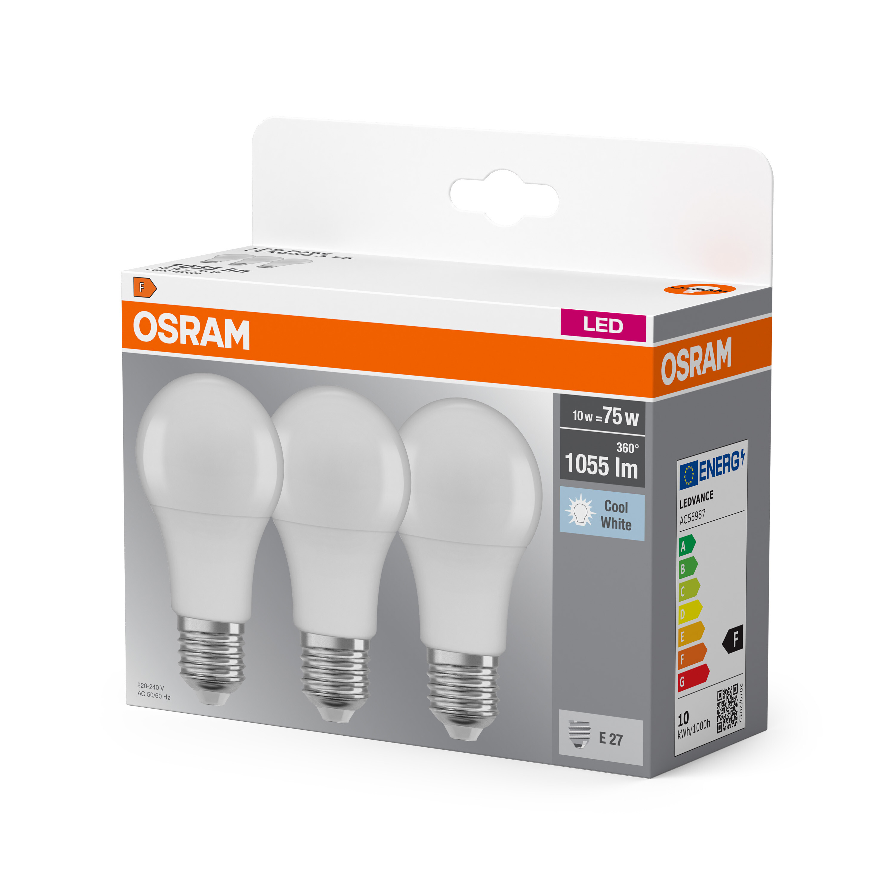 Eine Packung mit drei weißen LED-Glühbirnen von OSRAM. Die Box zeigt Informationen zur Energieeffizienz.