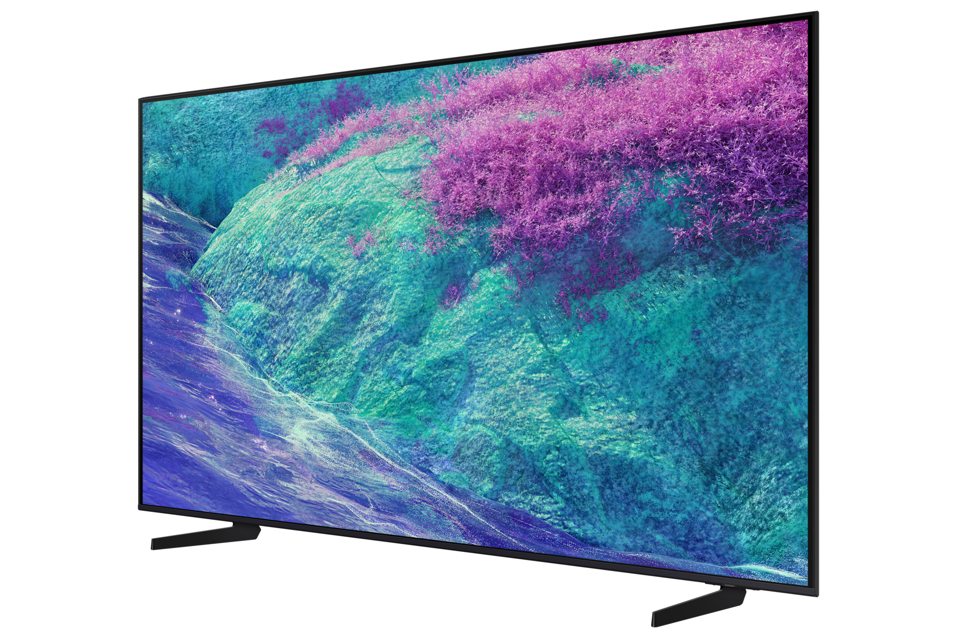 Une télévision moderne affiche un paysage coloré aux teintes turquoise et violettes, soutenue par un pied noir.
