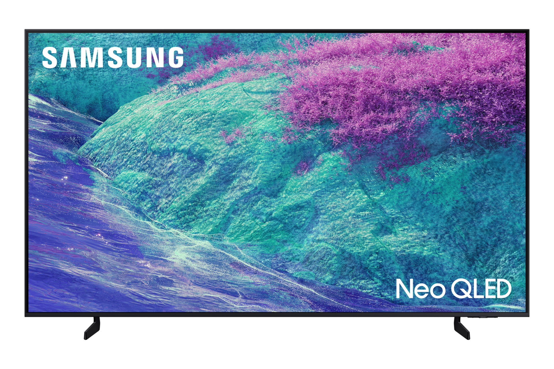 Téléviseur Samsung Neo QLED, écran affichant un paysage abstrait aux couleurs turquoise et violet, cadre et pied noirs.