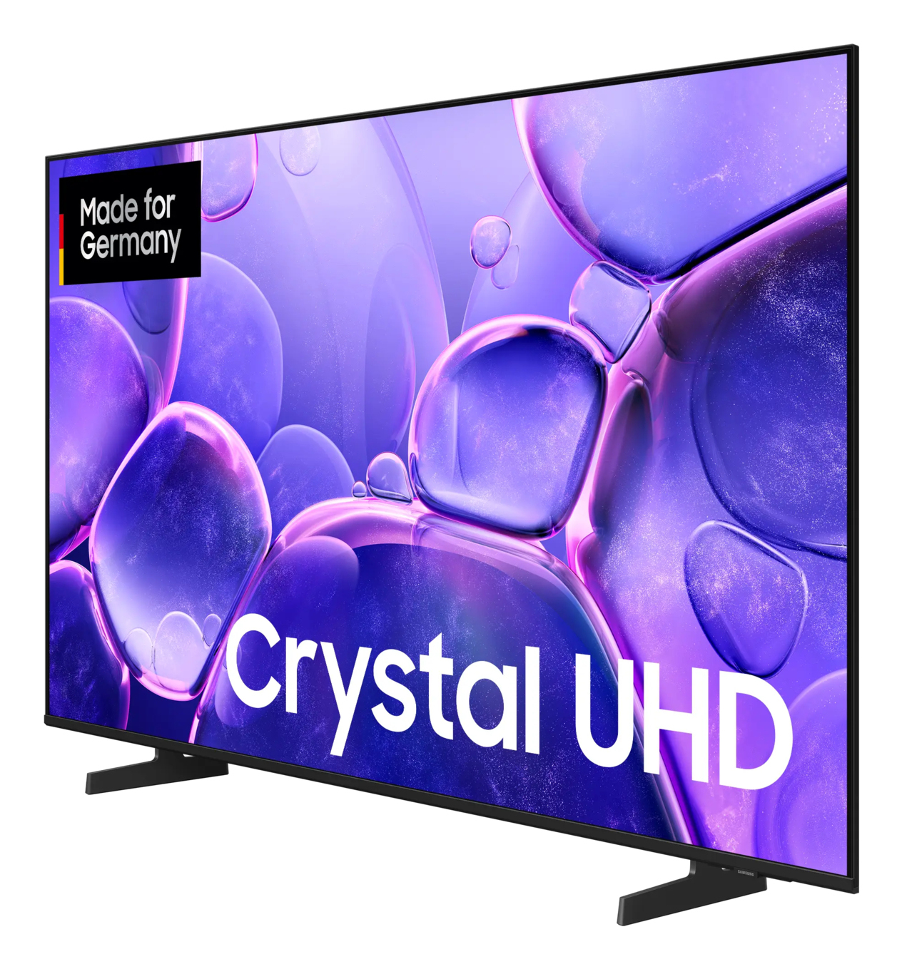 Telewizor Samsung Crystal UHD wyświetla fioletowy abstrakcyjny obraz. Jest oznaczony jako Made for Germany. Crystal UHD jest napisane na ekranie.