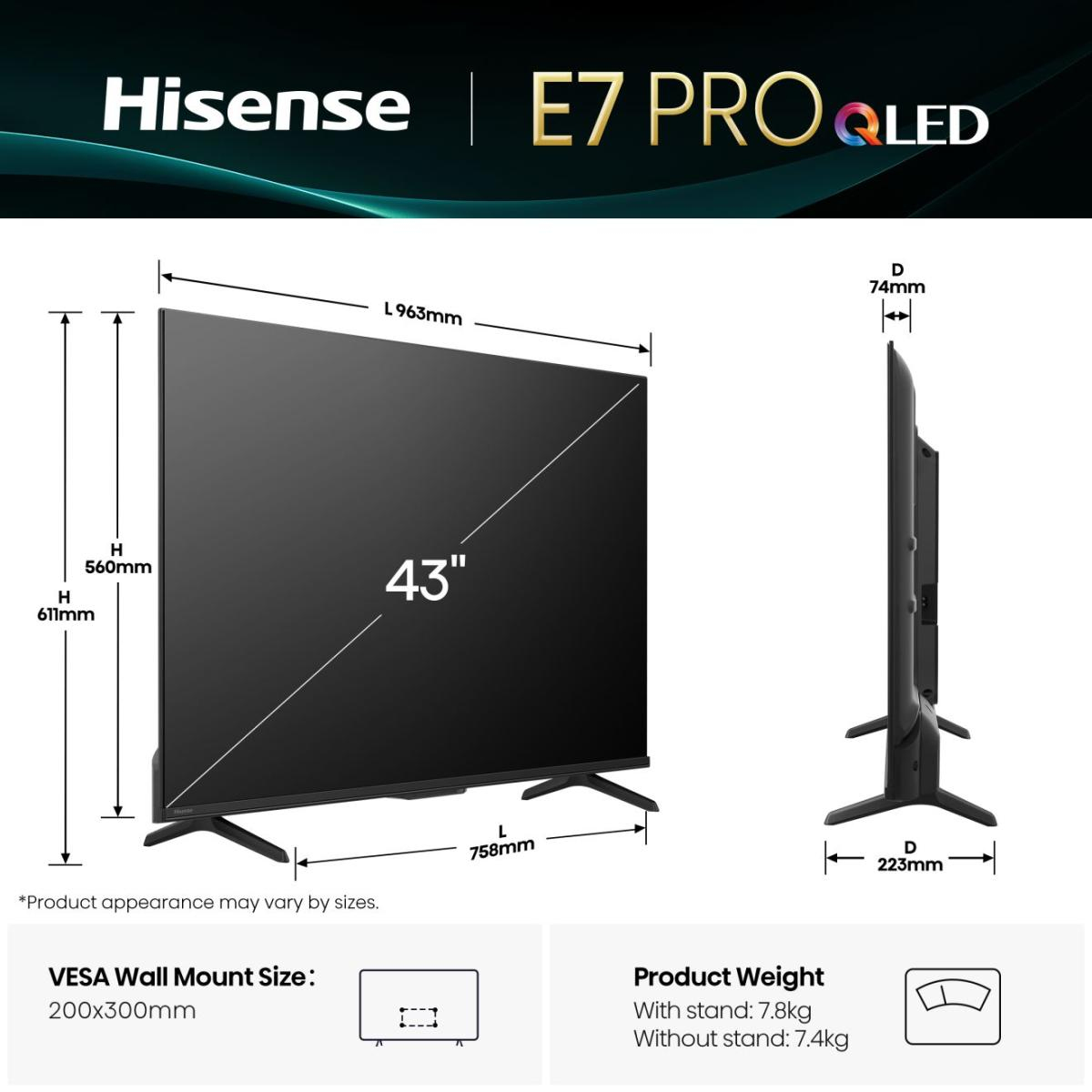 Czarny telewizor Hisense 43" z wyświetlonymi wymiarami. Zawiera wagę produktu i informacje o uchwycie ściennym VESA.