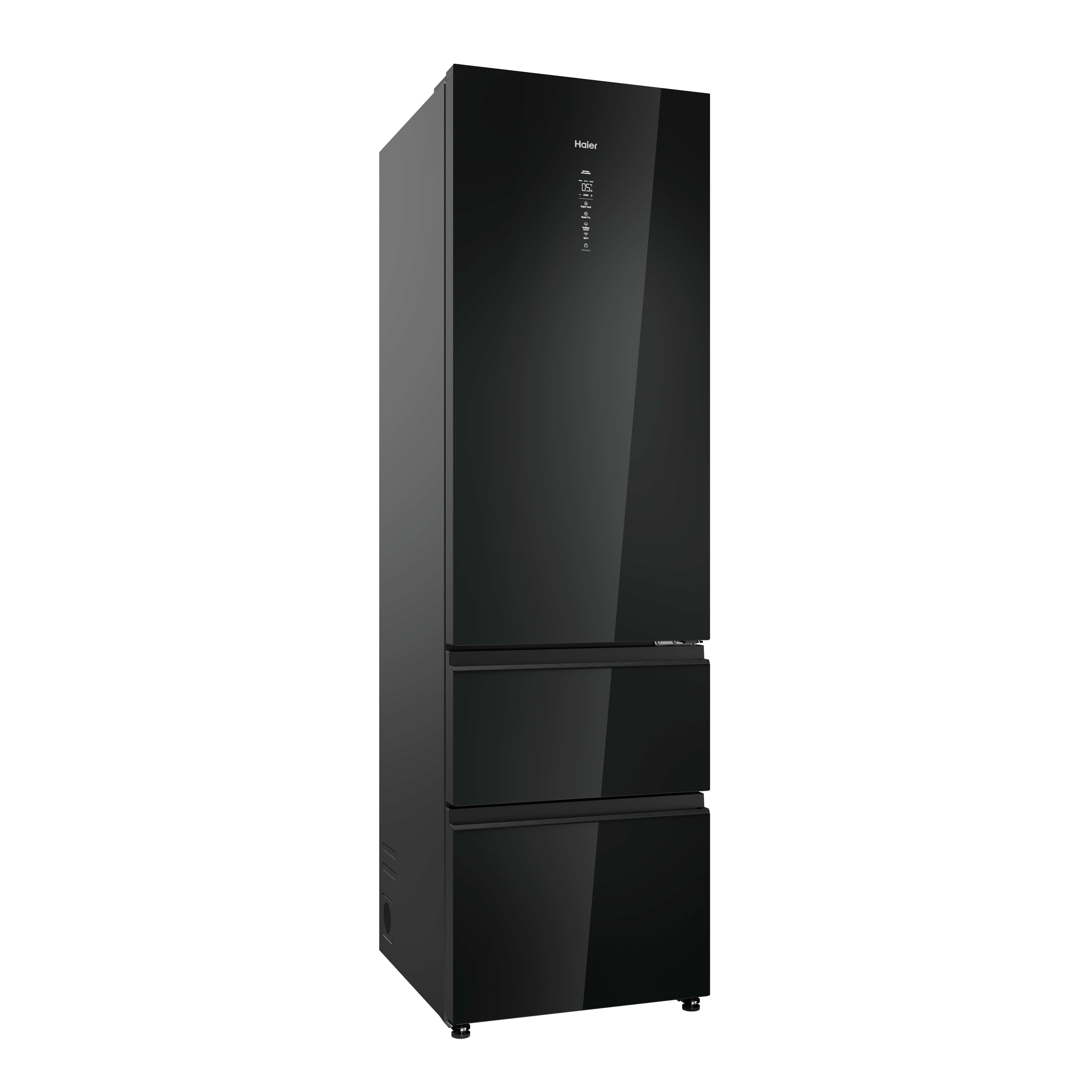 Un refrigerador Haier negro con un diseño elegante. Tiene una pantalla y tres cajones. El fondo es blanco.