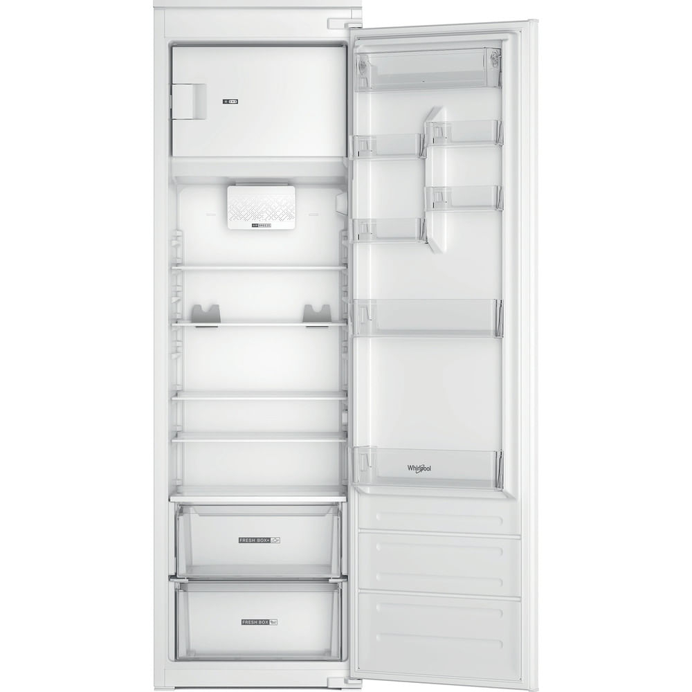 Un frigorifero bianco con la porta aperta, che rivela ripiani, cassetti e scomparti. L'interno è vuoto.