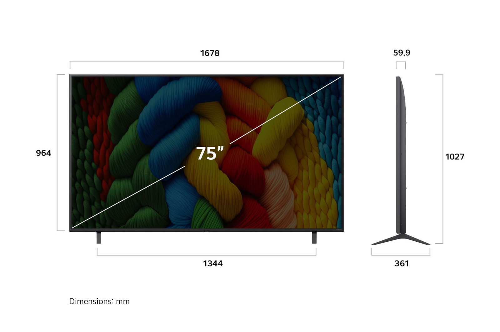 Belirtilen boyutlara sahip 75" TV. Ekran, renkli soyut bir desen gösteriyor. Ölçüler mm cinsinden etiketlenmiştir.