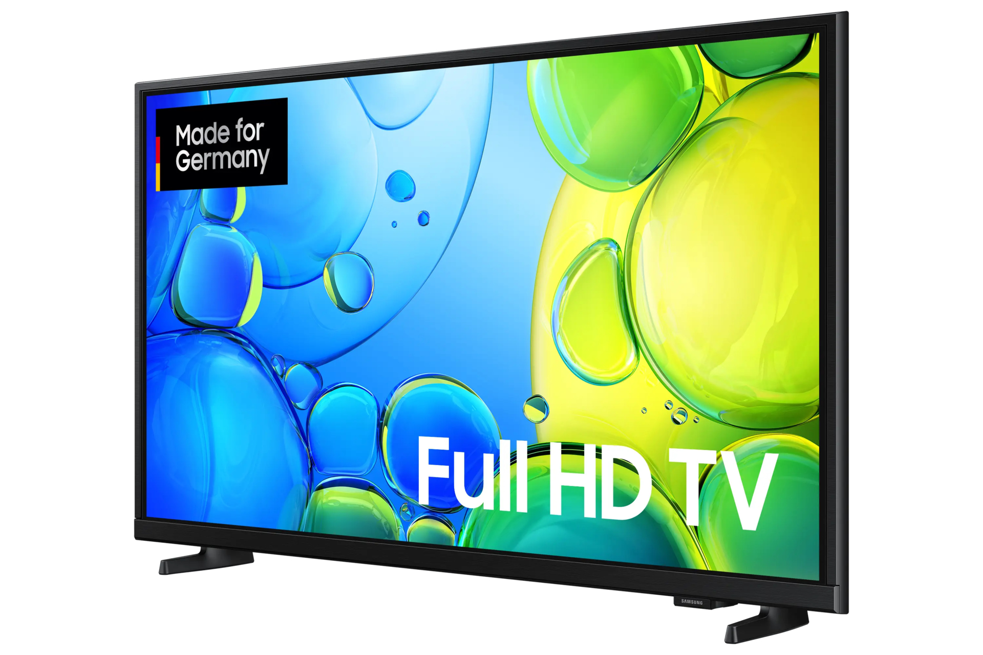 Ein schwarzer Full HD-Fernseher zeigt abstrakte grüne und blaue Formen. Der Text lautet 'Made for Germany' und 'Full HD TV'.