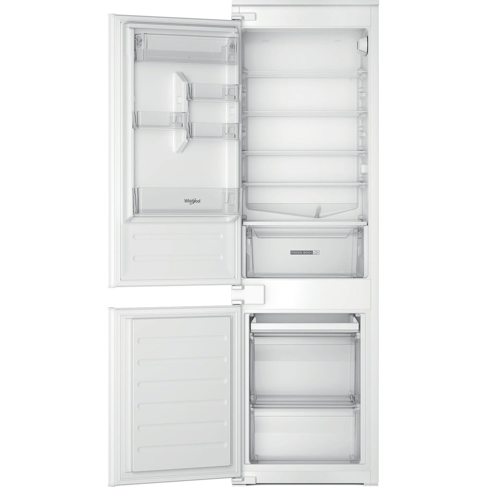 Frigorifero bianco con ante aperte. Interno con ripiani, cassetti e logo Whirlpool. Etichetta 'Fresh Box' visibile.