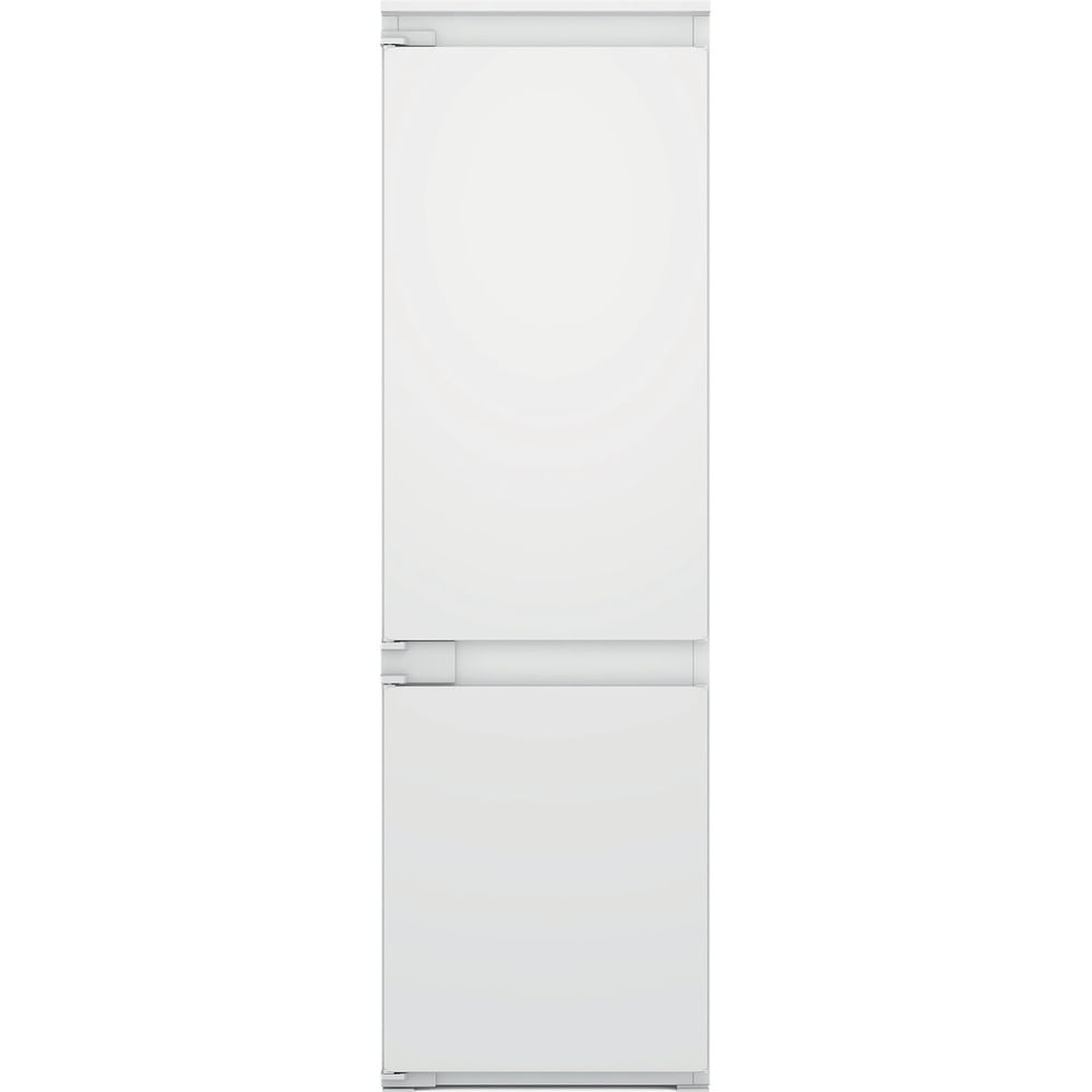 Un frigorifero bianco con due porte. La porta superiore è più grande di quella inferiore. Lo sfondo è bianco.