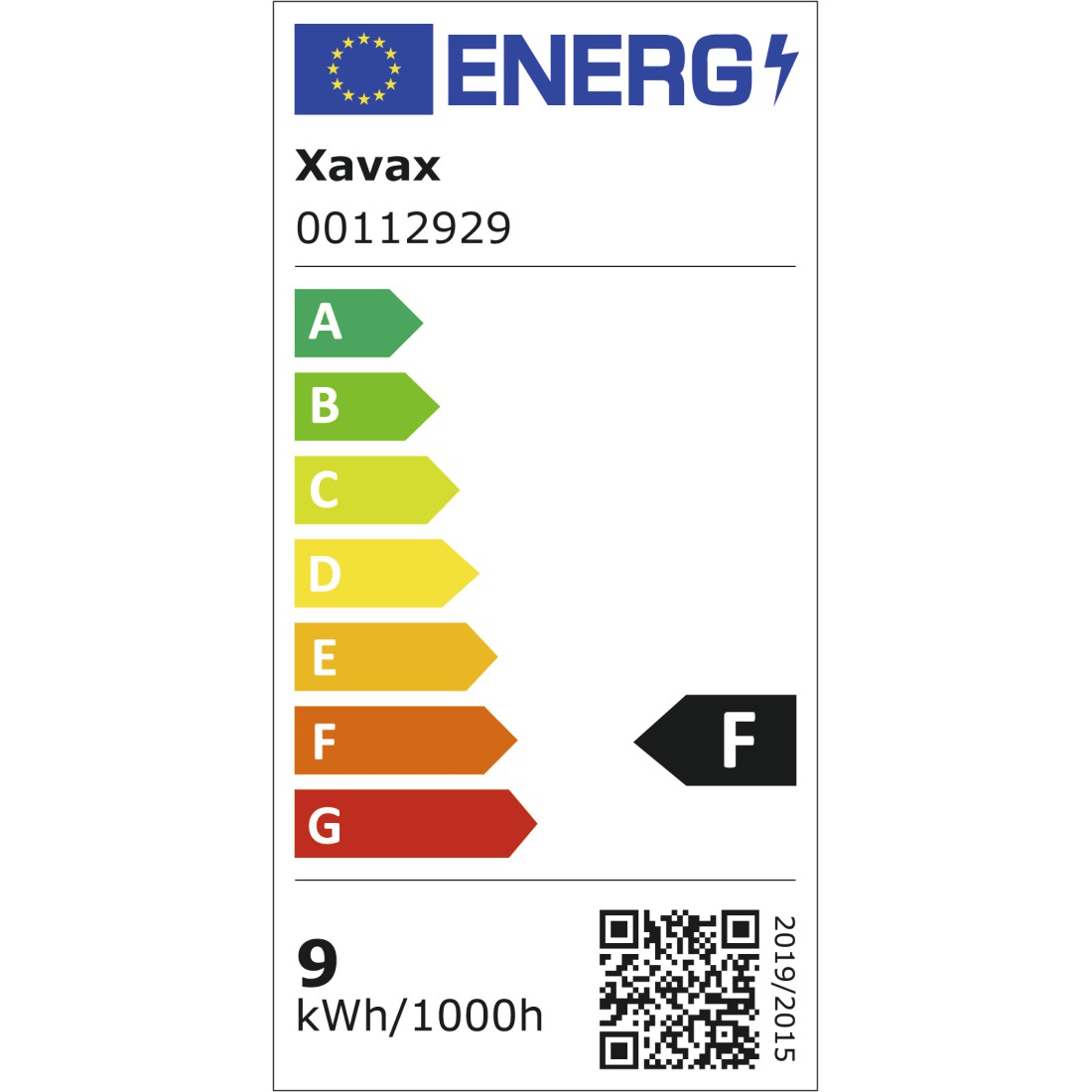 Un'etichetta energetica con valutazioni da A a G, che mostra 'F'. Ha il marchio 'Xavax', con un consumo di '9 kWh/1000h'.