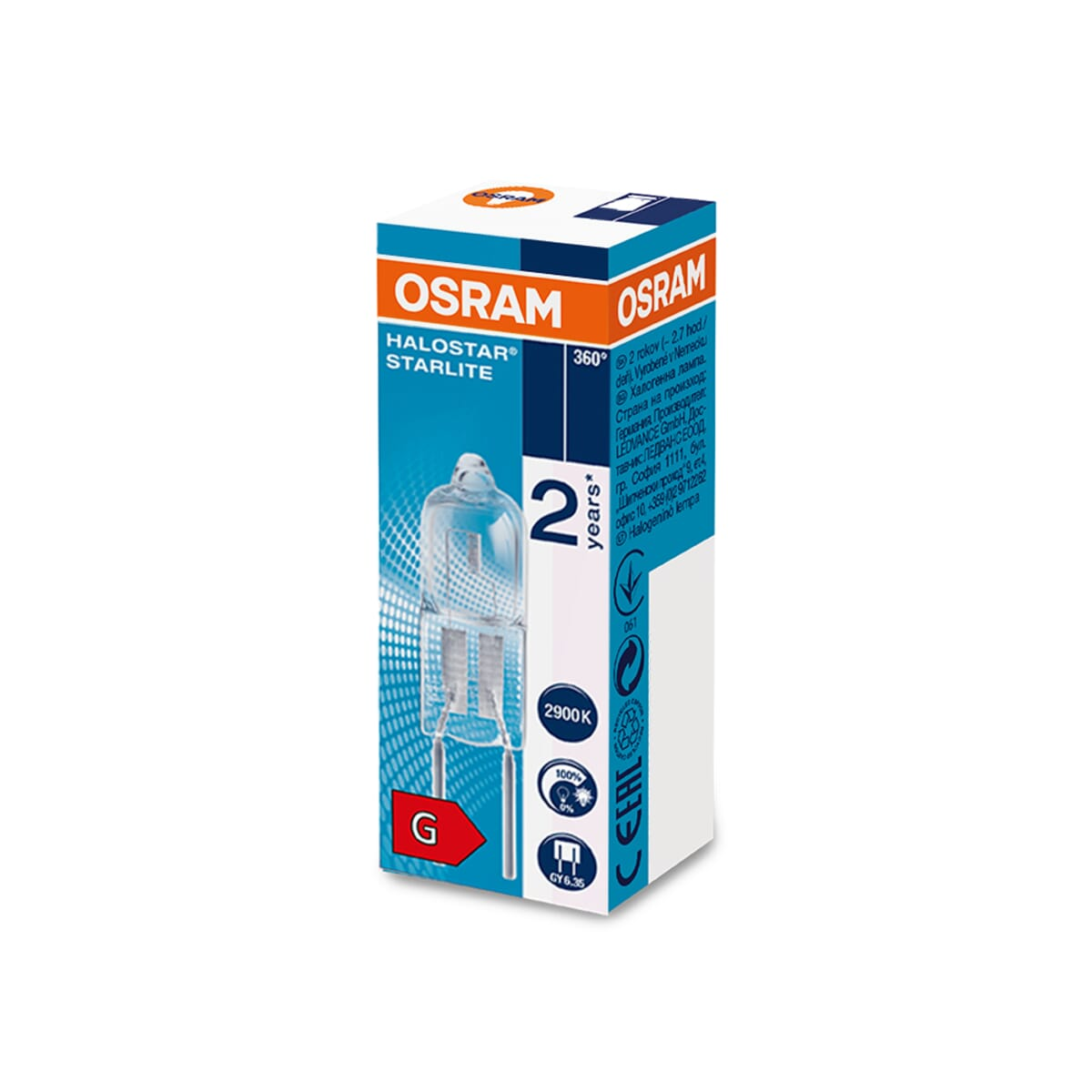 Pudełko żarówki OSRAM HALOSTAR STARLITE. Jest białe, niebieskie i pomarańczowe z widoczną żarówką. Tekst zawiera '2 lata' i '2900K'.