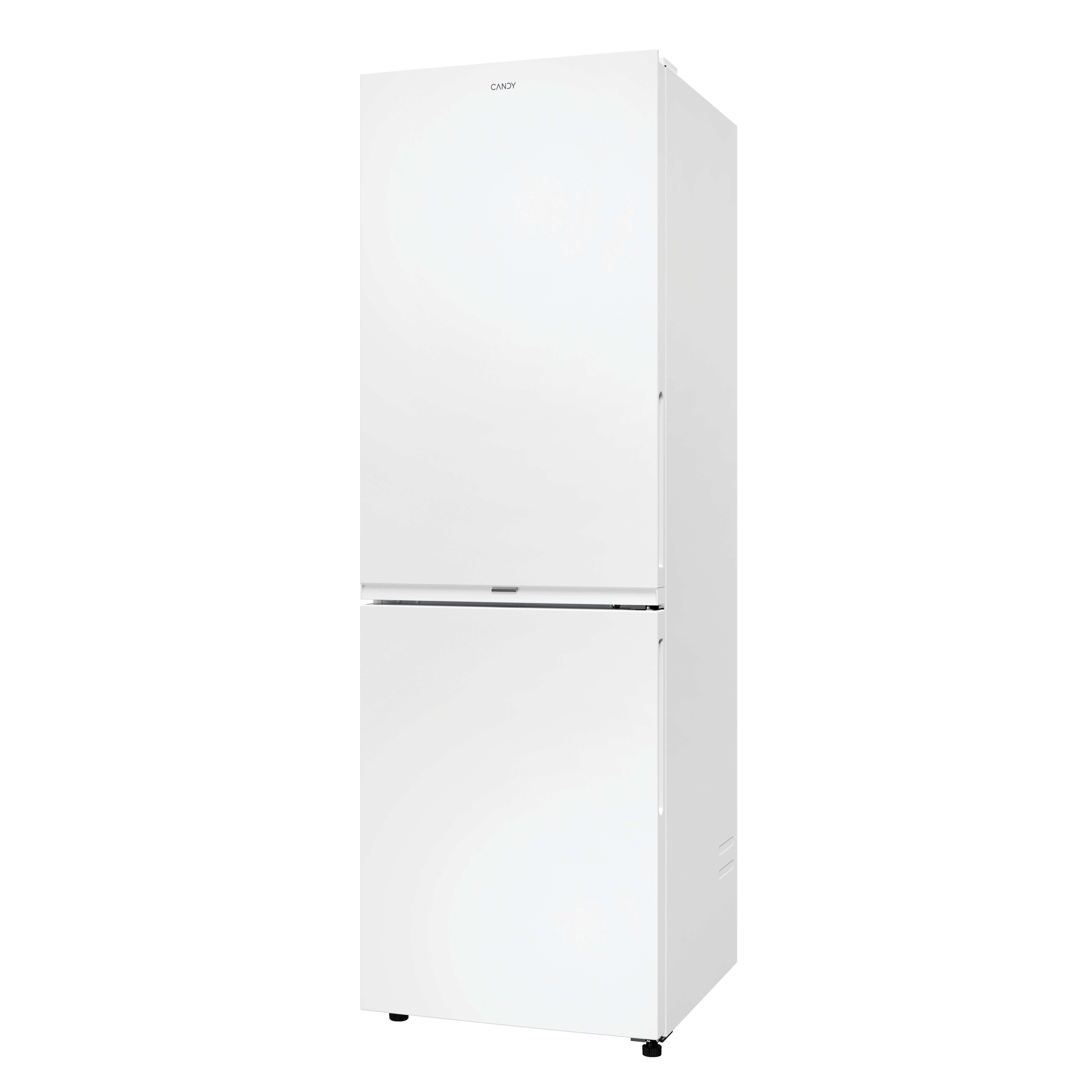Un refrigerador Candy blanco. Tiene dos puertas, el logo de Candy es visible. El fondo es blanco.