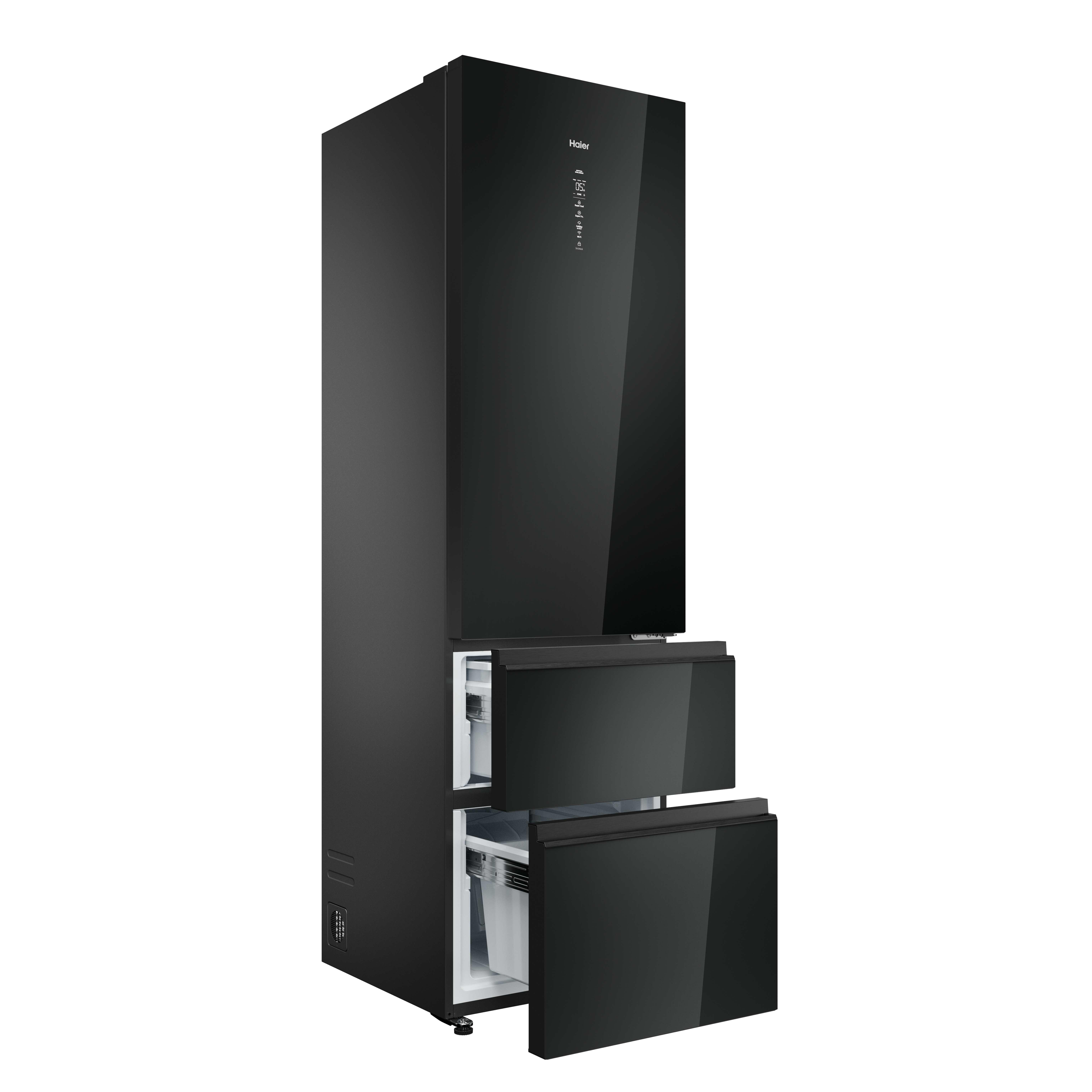 Refrigerador Haier negro con dos cajones abiertos. Tiene una parte frontal de vidrio y una pantalla digital. El logotipo de la marca está arriba.