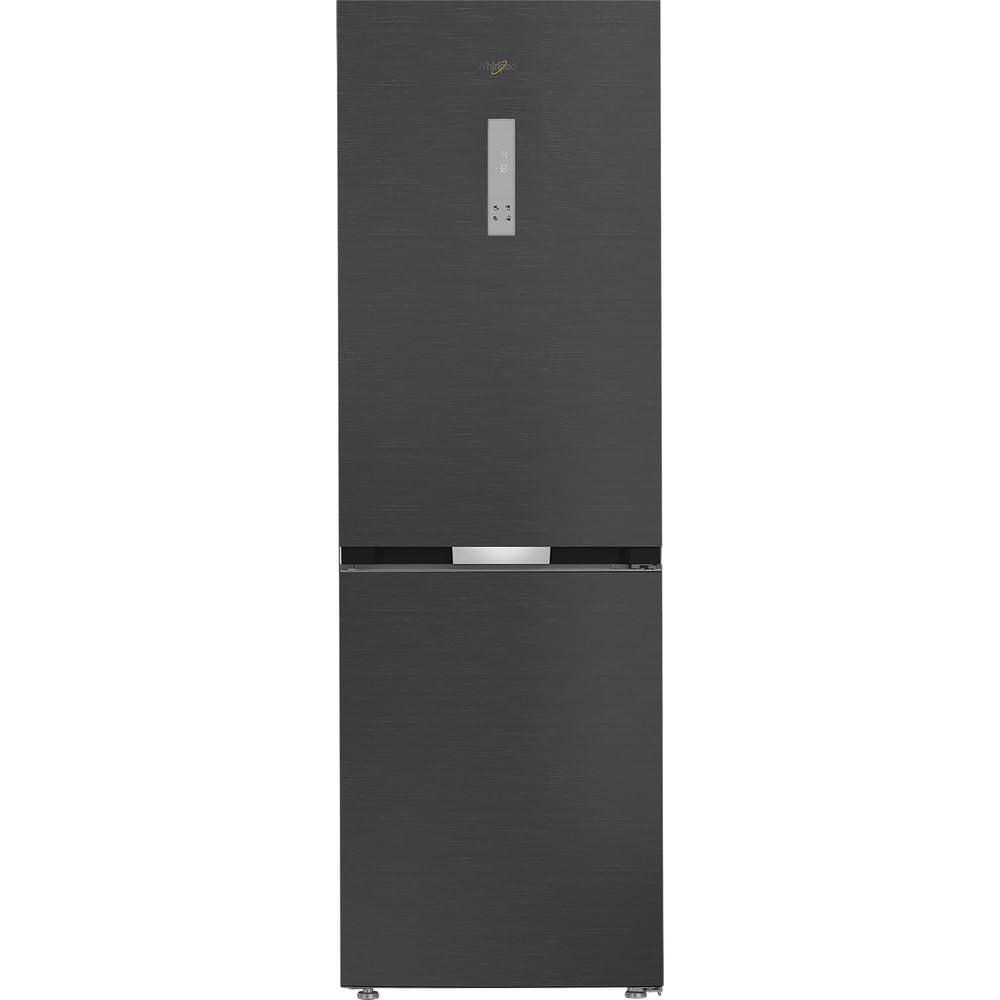 Ein dunkelgrauer Whirlpool-Kühlschrank. Er hat zwei Türen, ein Bedienfeld und ein Logo. Die untere Tür hat einen silbernen Griff.