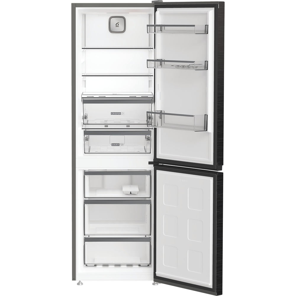 Offener schwarzer Kühlschrank mit verschiedenen Fächern. Enthält Regale, Schubladen mit der Aufschrift 'Crisper' und 'Dairy'. Tür offen, Innenraum sichtbar.
