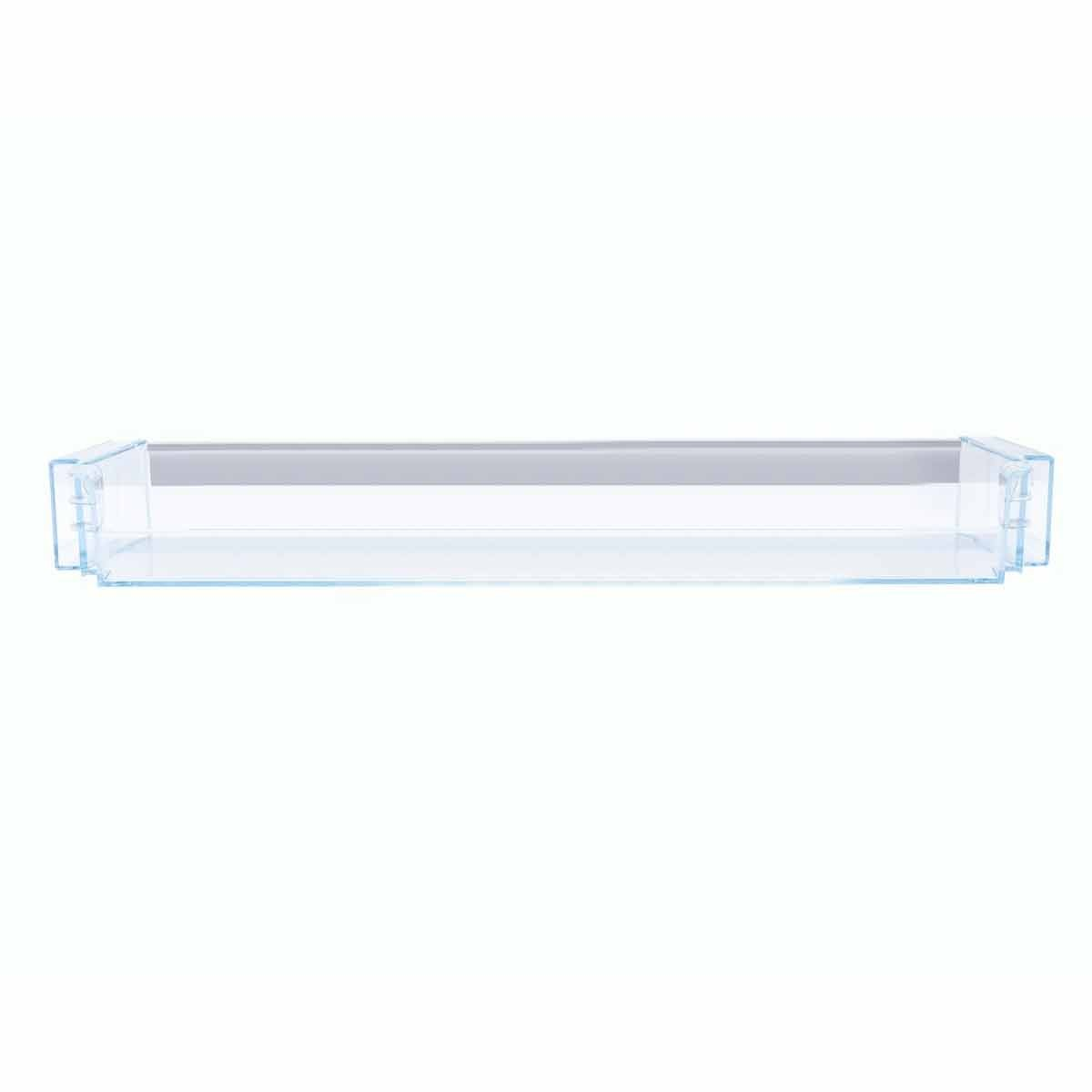 Un contenedor de plástico transparente y rectangular, posiblemente una balda de frigorífico, sobre un fondo blanco. El contenedor está vacío.