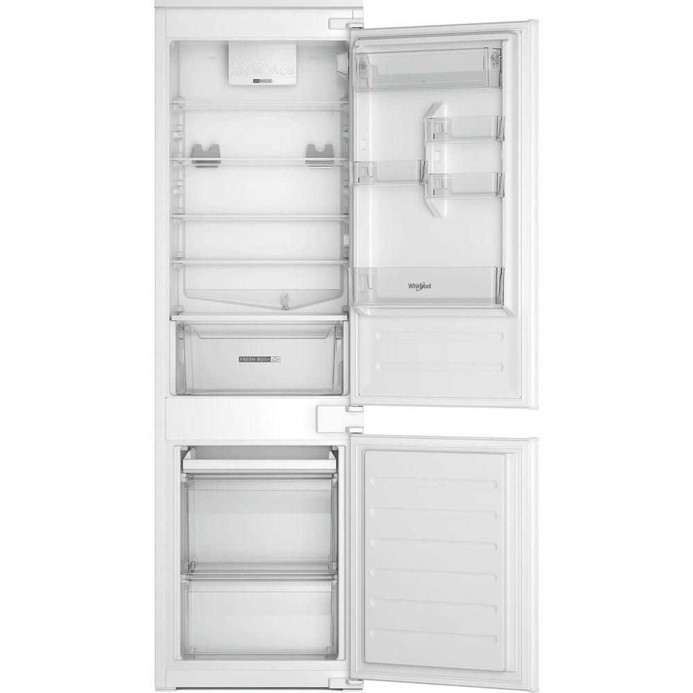 Frigorifero bianco con porte aperte. L'interno mostra ripiani, cassetti e un vano congelatore. Il logo Whirlpool è visibile.