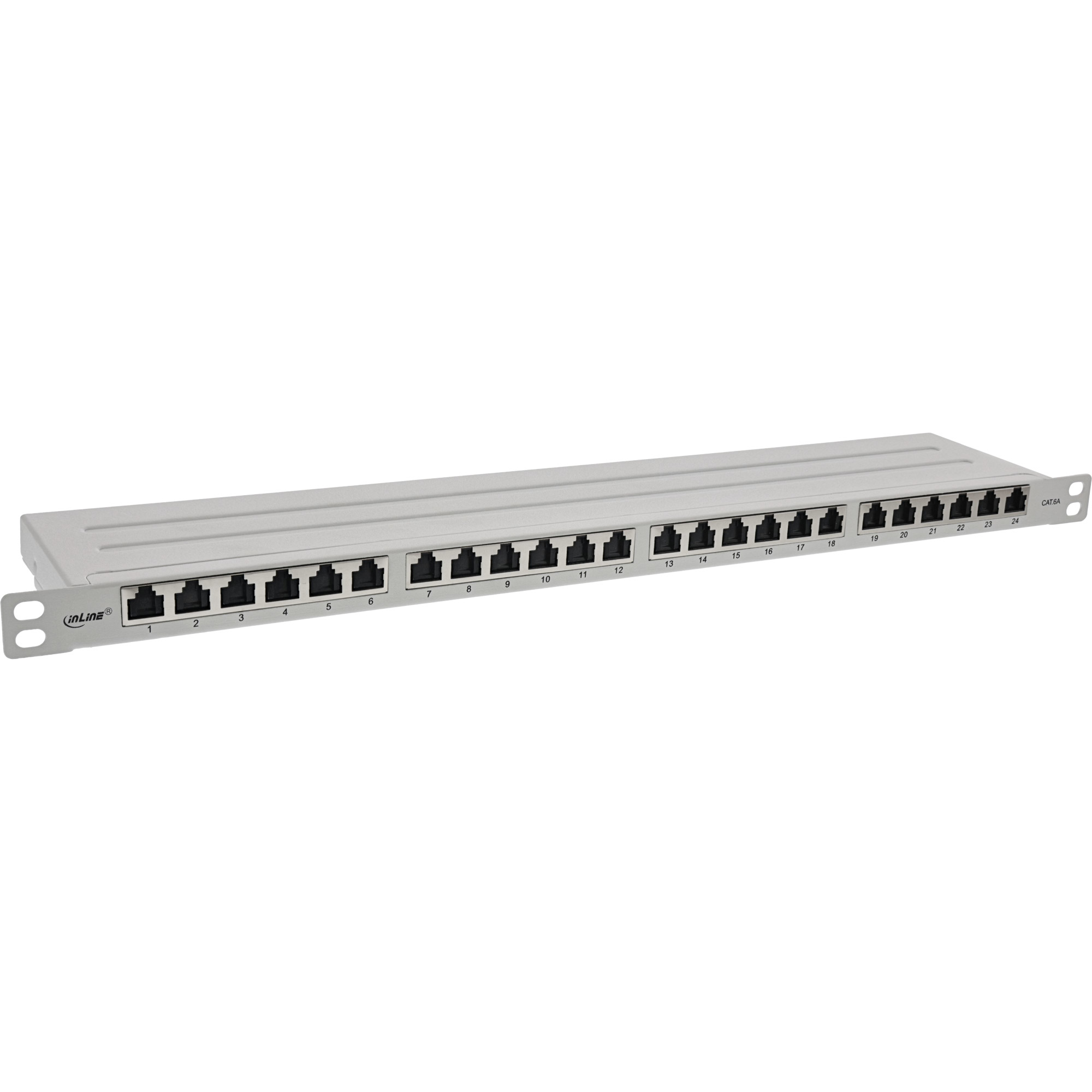 Un pannello di permutazione grigio con 24 porte Ethernet nere, numerate da 1 a 24. Il pannello è etichettato CAT.6A.