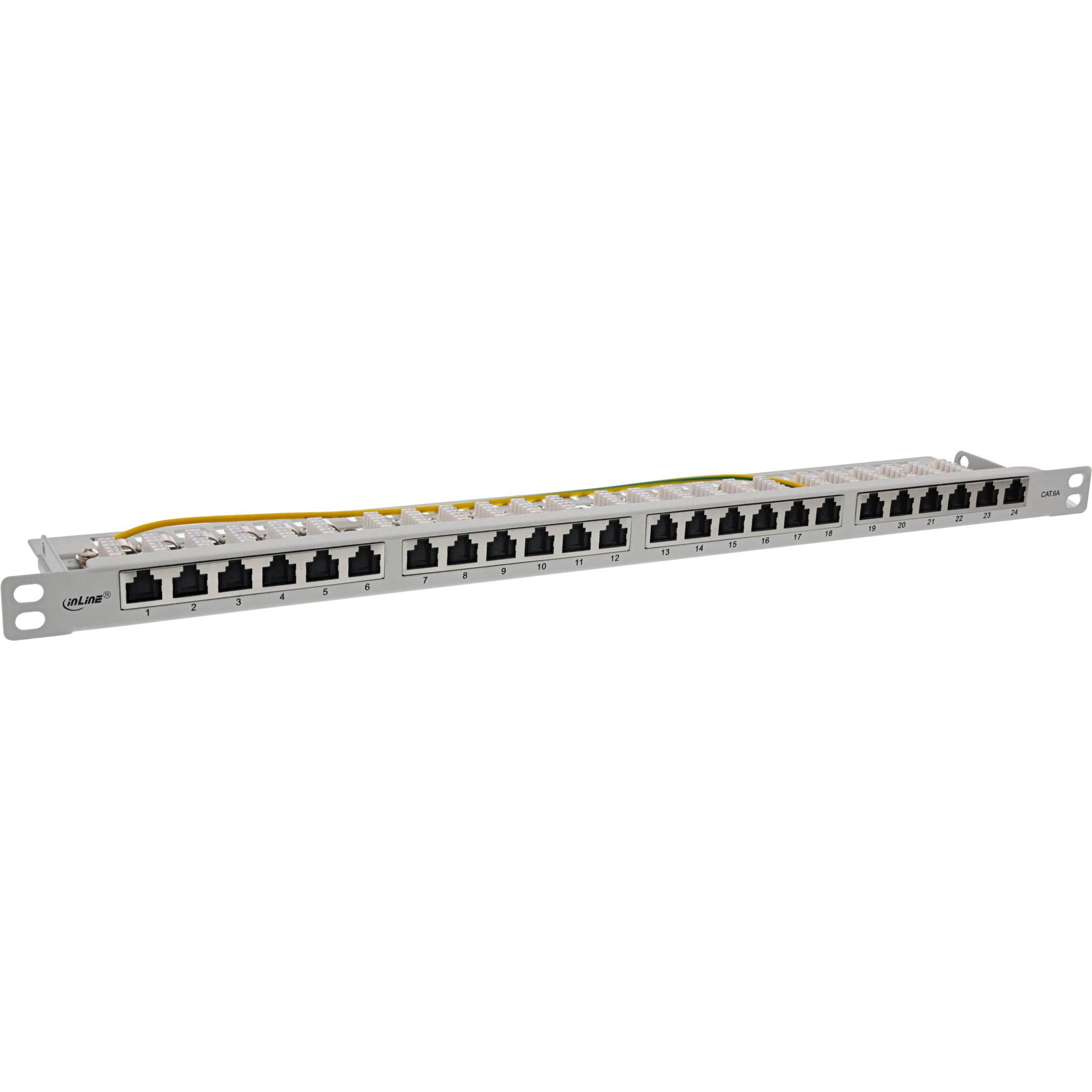 Un pannello di permutazione di rete argentato con 24 porte RJ45. Cavi collegati. Il pannello ha i numeri 1-24 e il logo inLine.