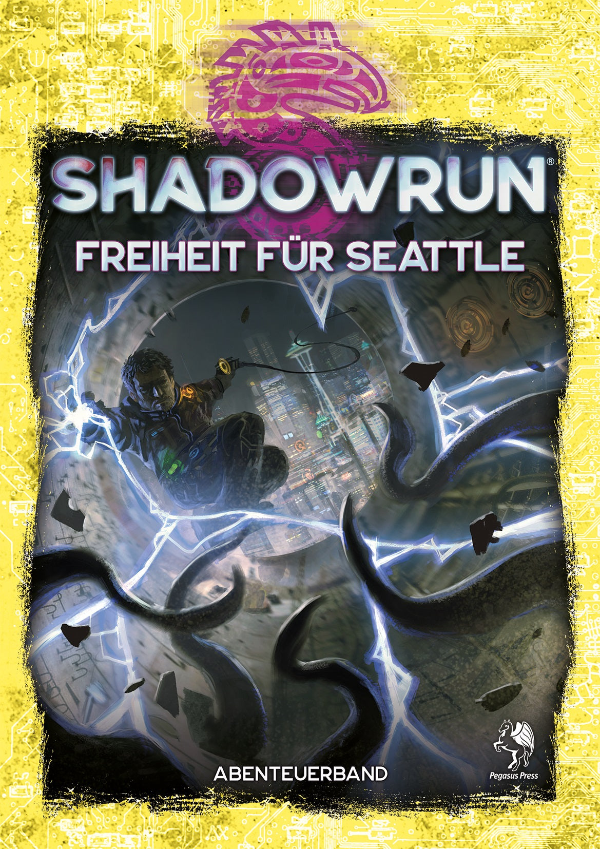 Titelbild für das Shadowrun-Spiel. Eine Figur mit einer Peitsche kämpft gegen Tentakel. Skyline von Seattle im Hintergrund. Text auf Deutsch.