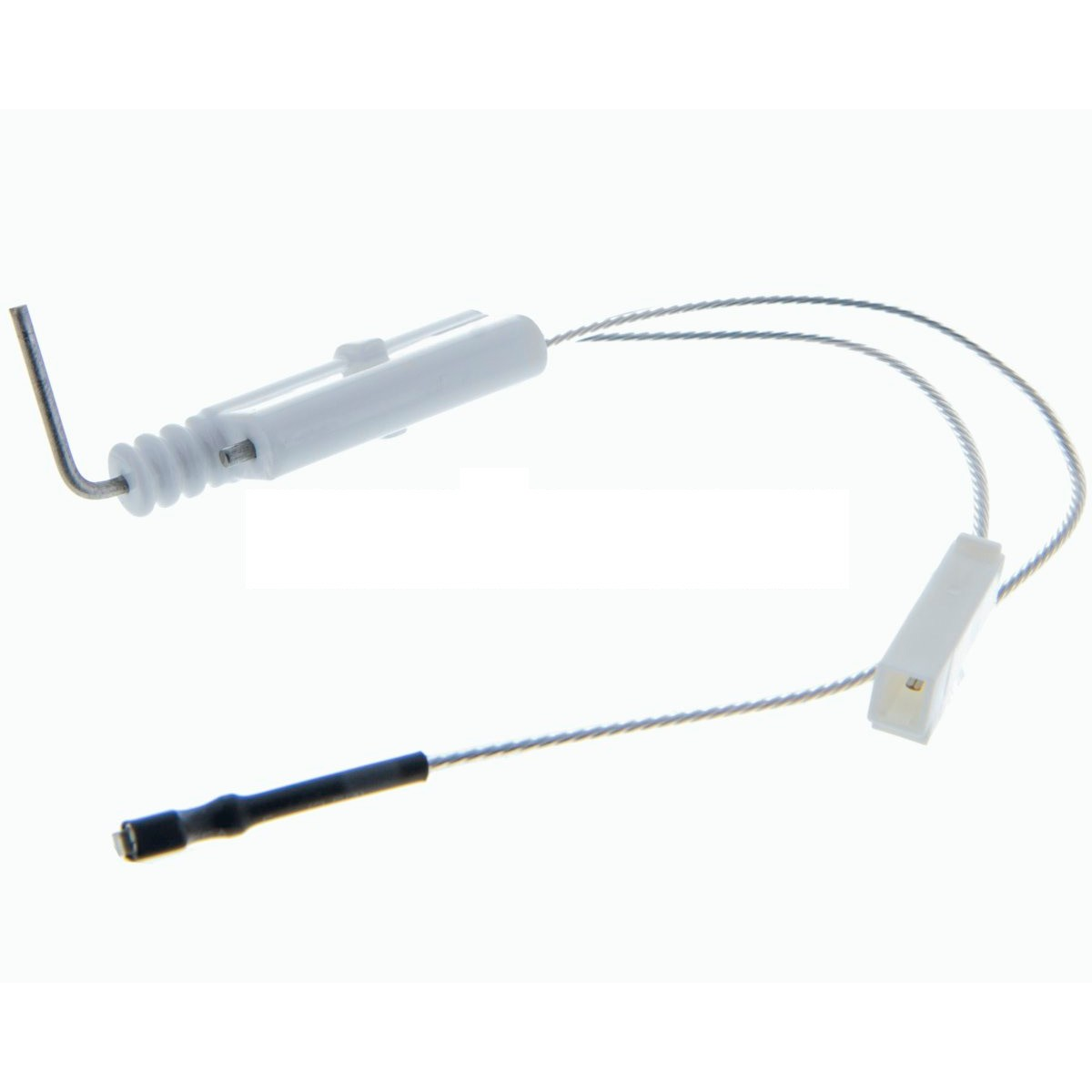Un dispositivo de plástico blanco con dos cables metálicos. Un cable tiene un extremo negro. Una segunda pieza blanca está conectada a los cables.