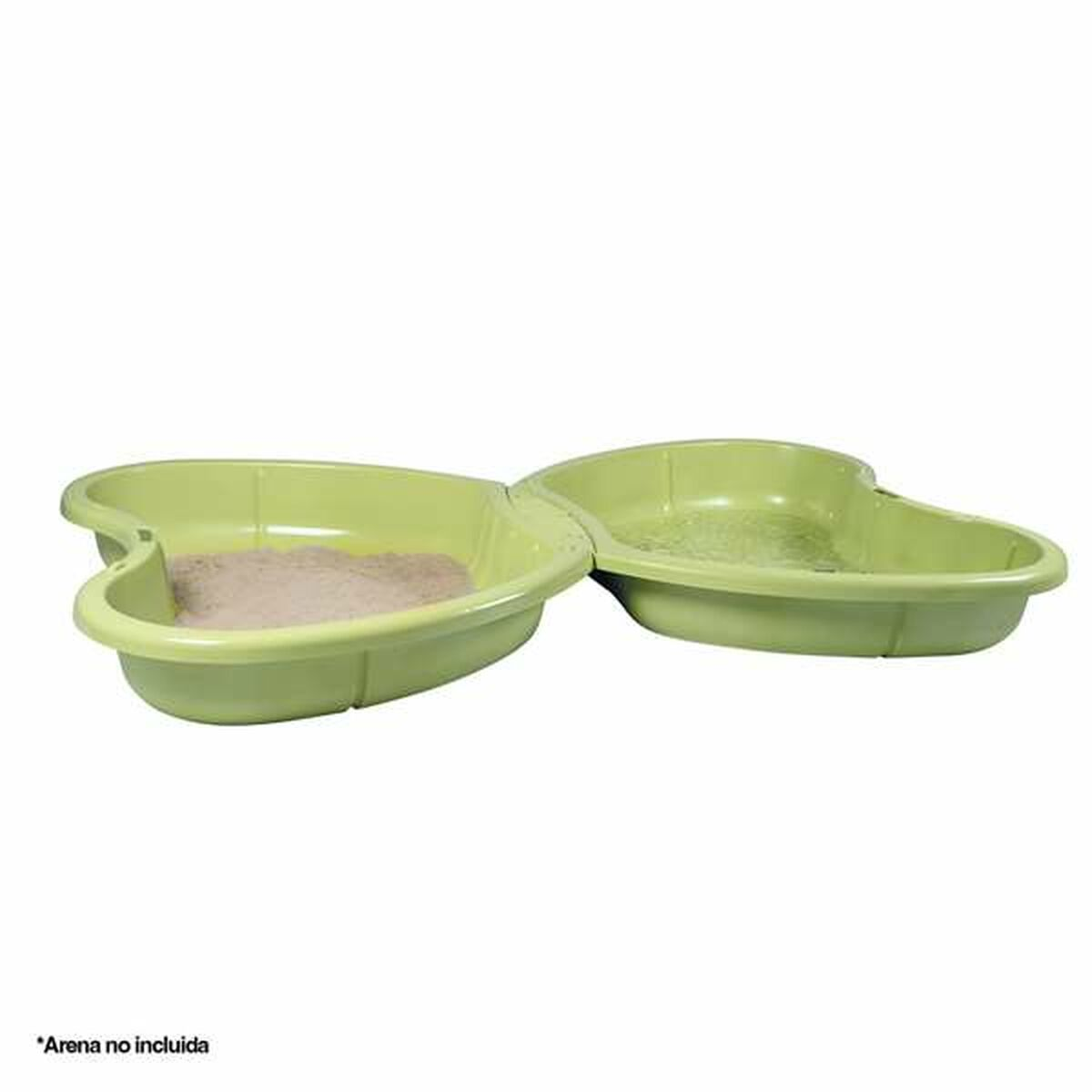 Dwa połączone, jasnozielone, w kształcie serca piaskownice. Jeden zawiera piasek. Tekst na dole: 'Arena no incluida'.