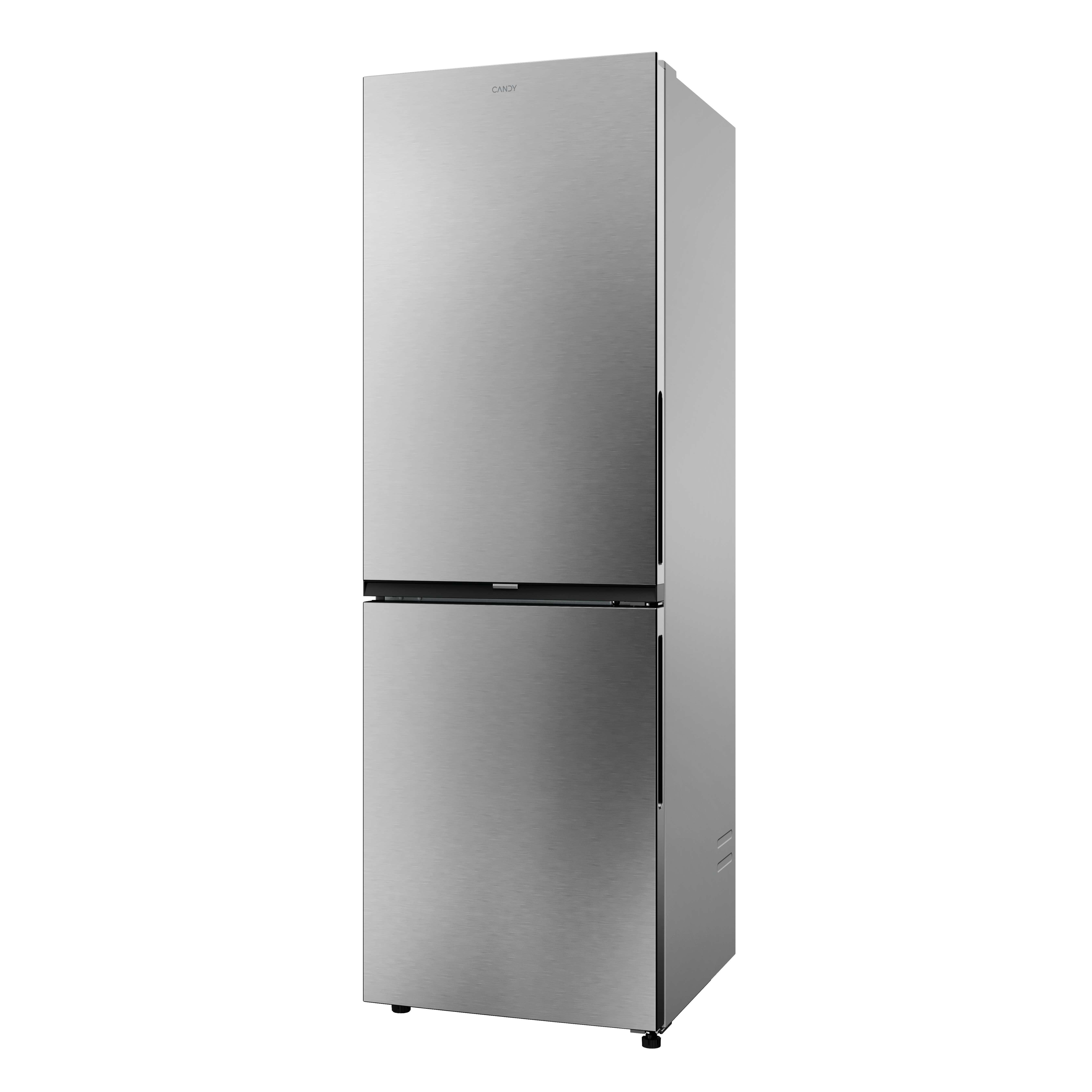 Un refrigerador de acero inoxidable con la marca CANDY en la parte superior. Tiene dos puertas y un diseño elegante.