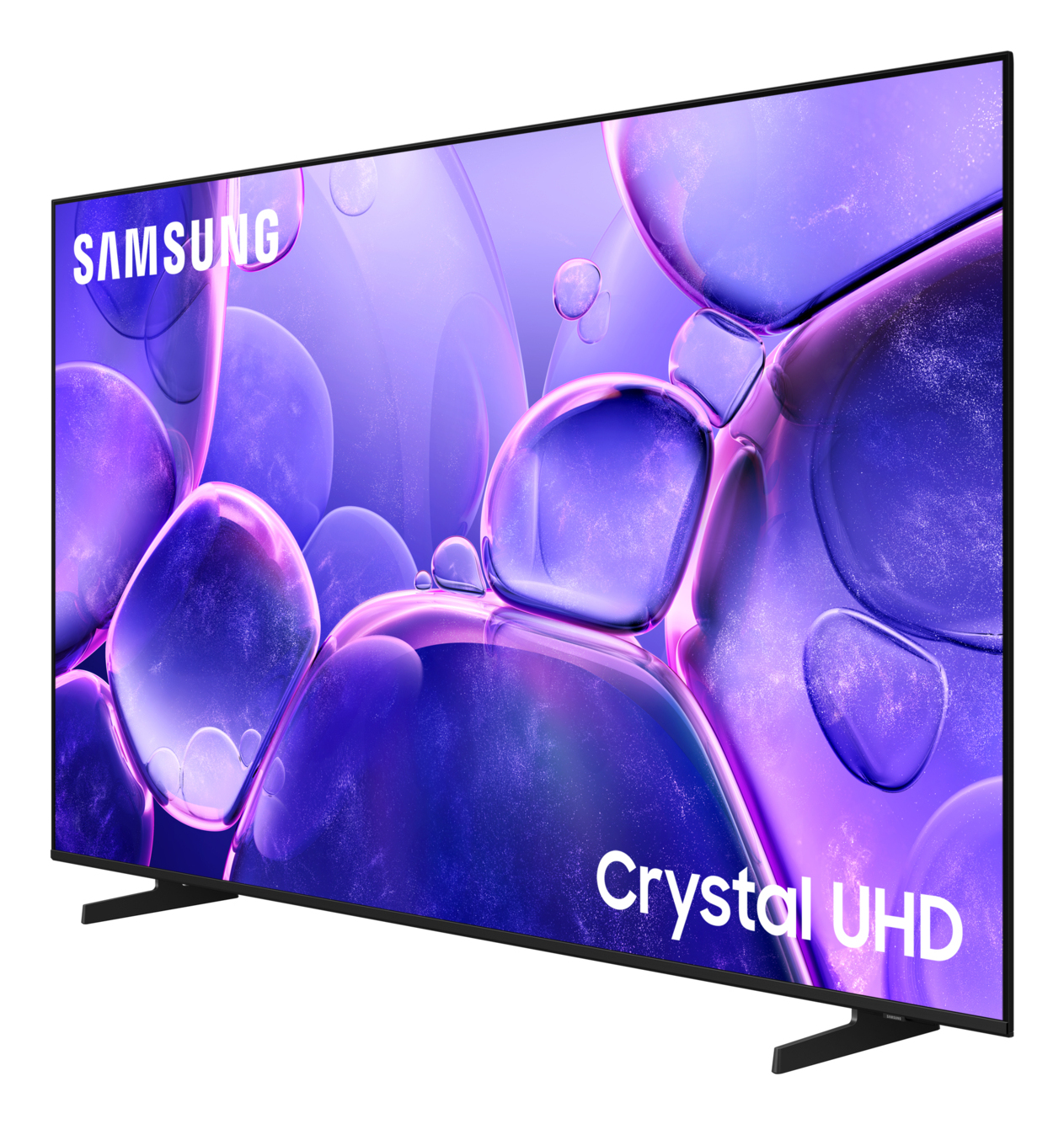 Telewizor Samsung Crystal UHD wyświetla fioletowy abstrakcyjny obraz. Telewizor stoi na czarnych nóżkach, z widoczną marką u góry.