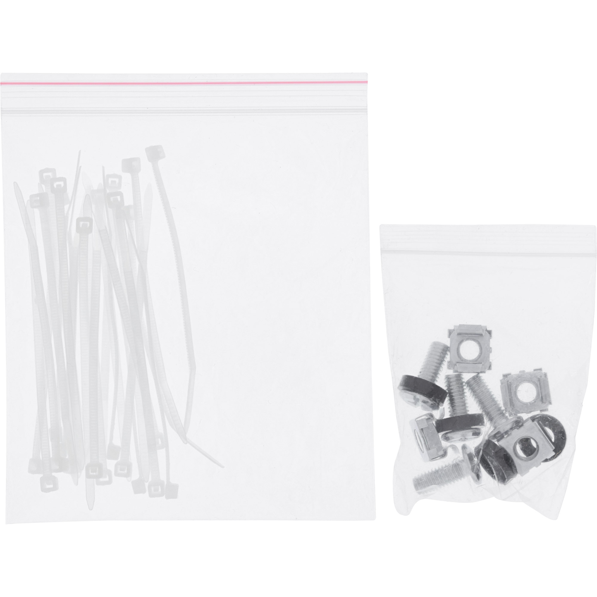 Dwie przezroczyste plastikowe torby. Jedna ma białe opaski kablowe, druga śruby i kwadratowe nakrętki. Obie na białym tle.